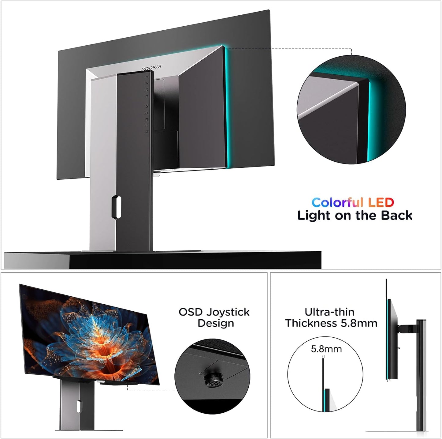 KOORUI Gaming Monitor 27 Zoll, PC Bildschirm 240Hz, FHD, 1ms, Adaptive Sync (1920 x 1080p, DCI-P3 90%, SRGB 100%, HDMI, DisplayPort, VESA 75x75)