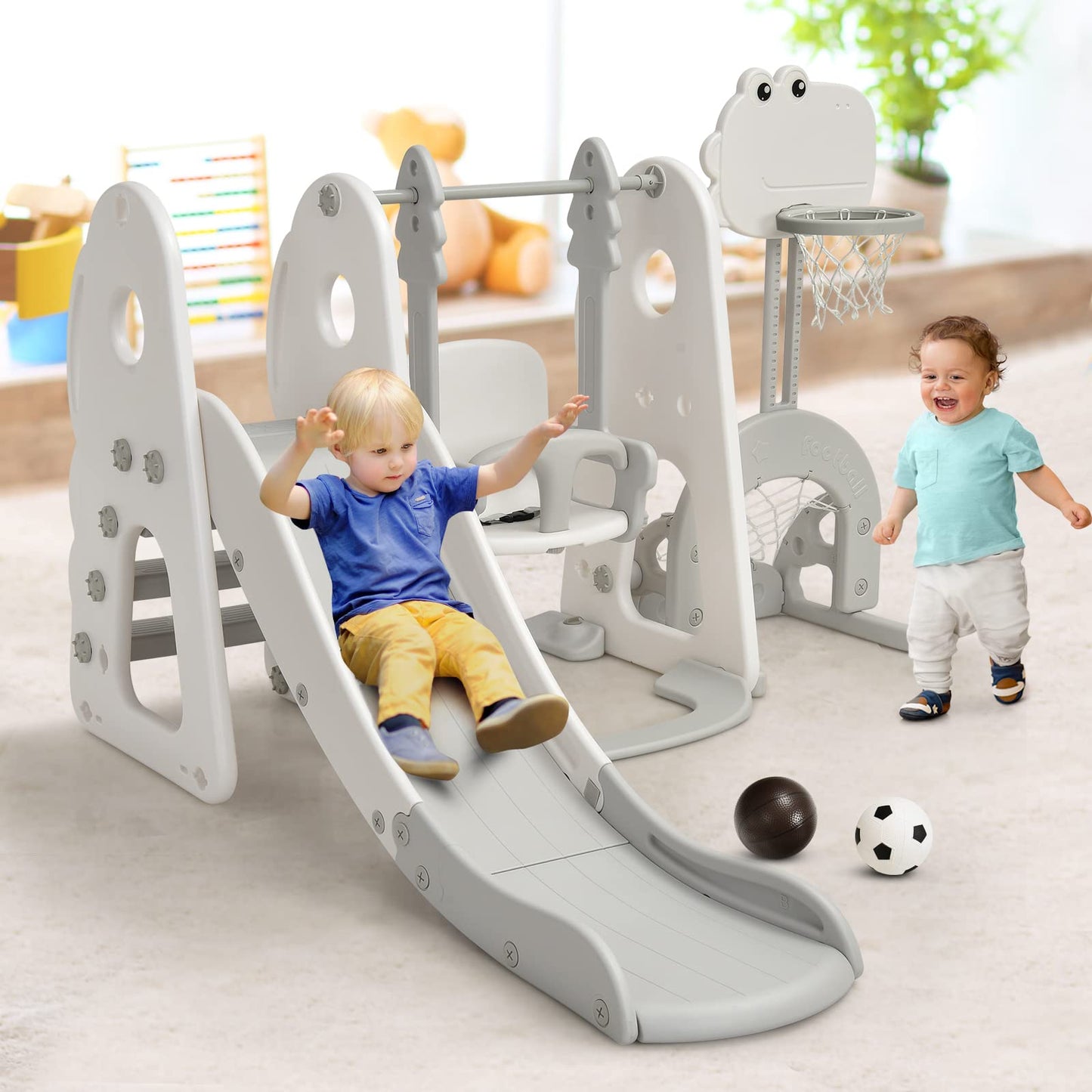 HOMASIS 6-in-1 Kinderrutsche mit Schaukel, Freistehende Rutsche & Schaukel & Basketballkorb & Kletterleiter & Fußballtor & Golfloch, Kinder Spielplatz für ab 3 Jahre Indoor & Outdoor (Orange+Grün)