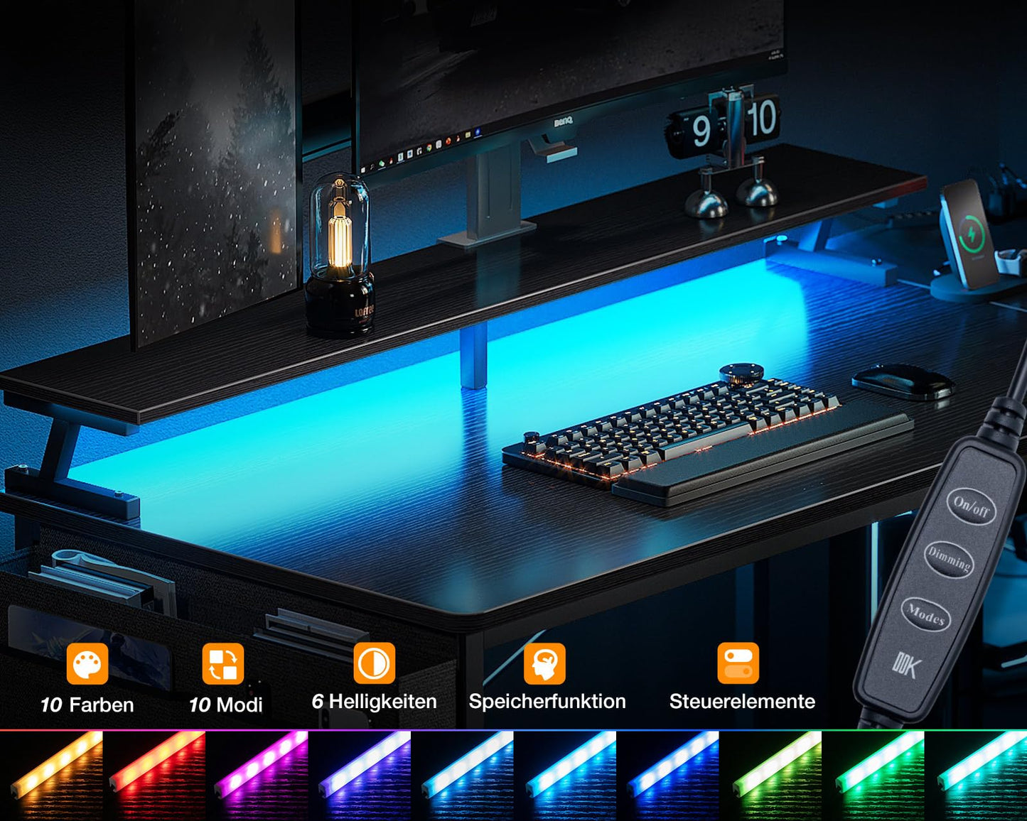 ODK Eckschreibtisch mit 4 Stoff Schubladen, 160x80cm Reversible Schreibtisch L Form mit 2 Steckdosen und 2 USB Ladeanschluss, Gaming Tisch L Form mit LED&Monitorständer für Home Office, Schwarz