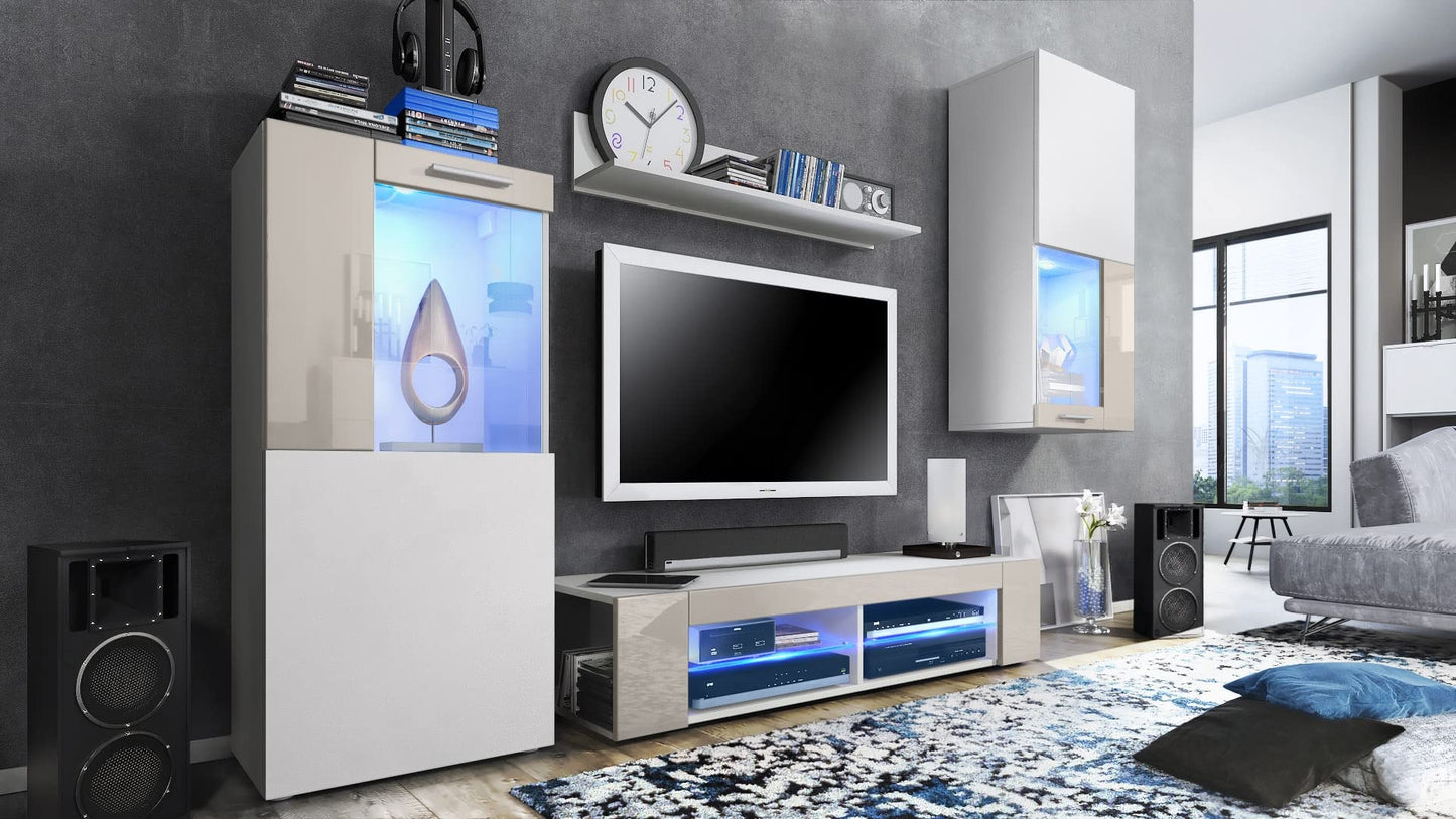 Vladon Wohnwand Movie, Anbauwand bestehend aus 1 TV-Board, 2 Vitrinen und 1 Regal, Weiß matt/Weiß matt/Weiß Hochglanz (Gesamt: 300 x 190 x 39 cm)