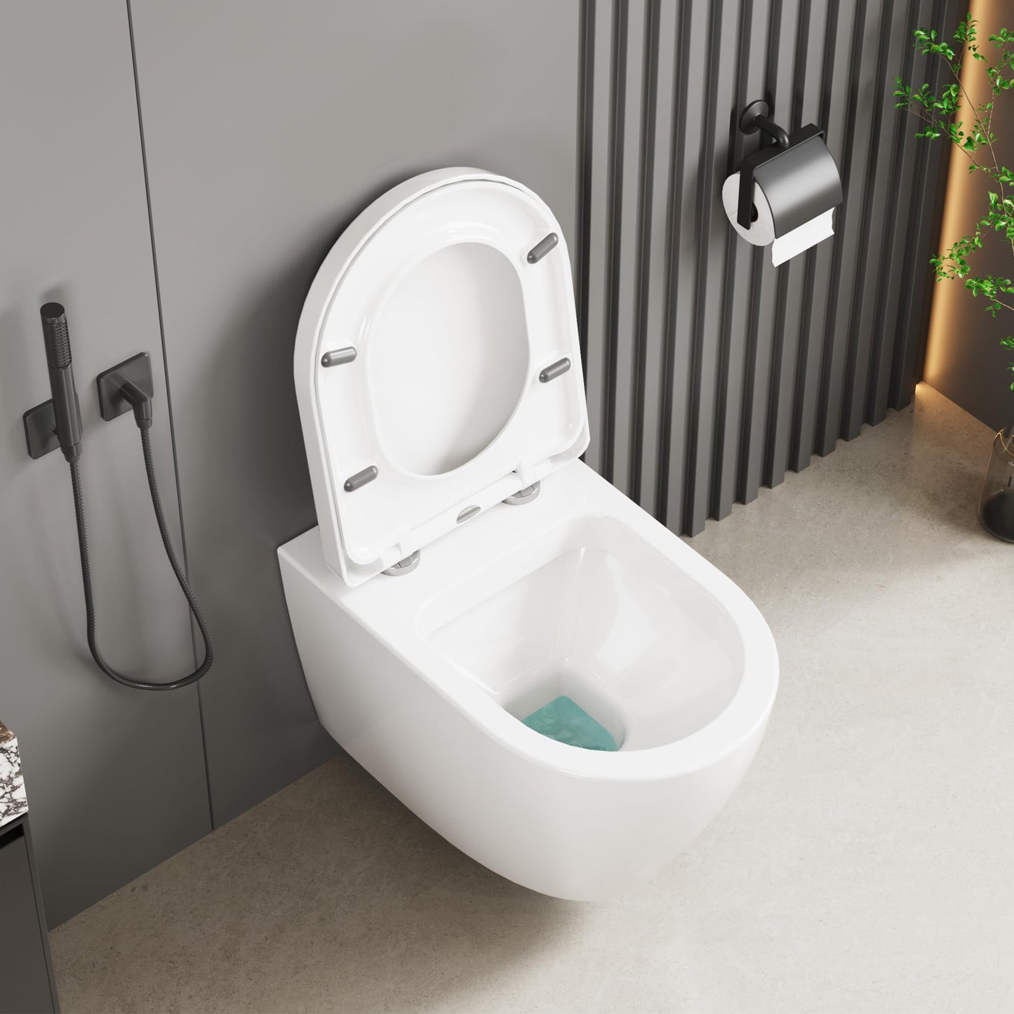 Hängend WC Spülrandlos Toilette, Wand-WC Set aus Keramik mit Toilettendeckel Abnehmbaren Absenkautomatik Effizienter Spültechnik Hängetoilette, D-Form,Lang 51cm, Weiß