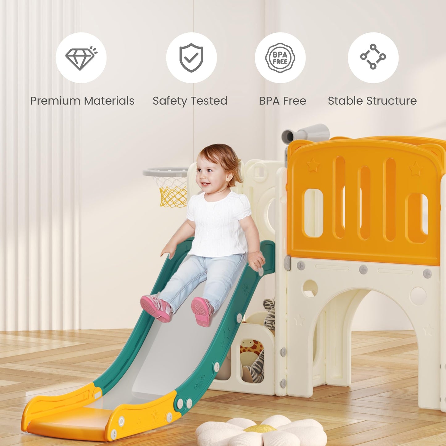 hoopyosms Kids Slide with Climbing Frame, Basketball Hoop and Tunnel, Indoor Plastic Slide Set for Kids, Montessori Toy for Playground, Grey