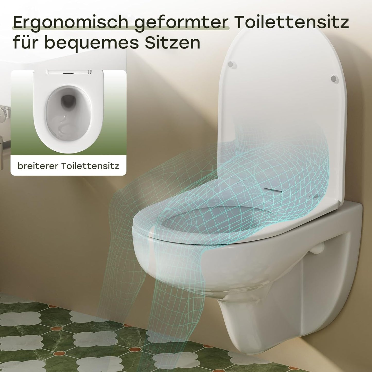 HOROW Wall-Mounted Toilet, Rimless, Toilet Including Toilet Lid with Soft-Close Mechanism, Powerful Flush Washdown Toilets, Toilet Bowl with Nano Coated Glaze, 52.5 x 36 x 36.5 cm