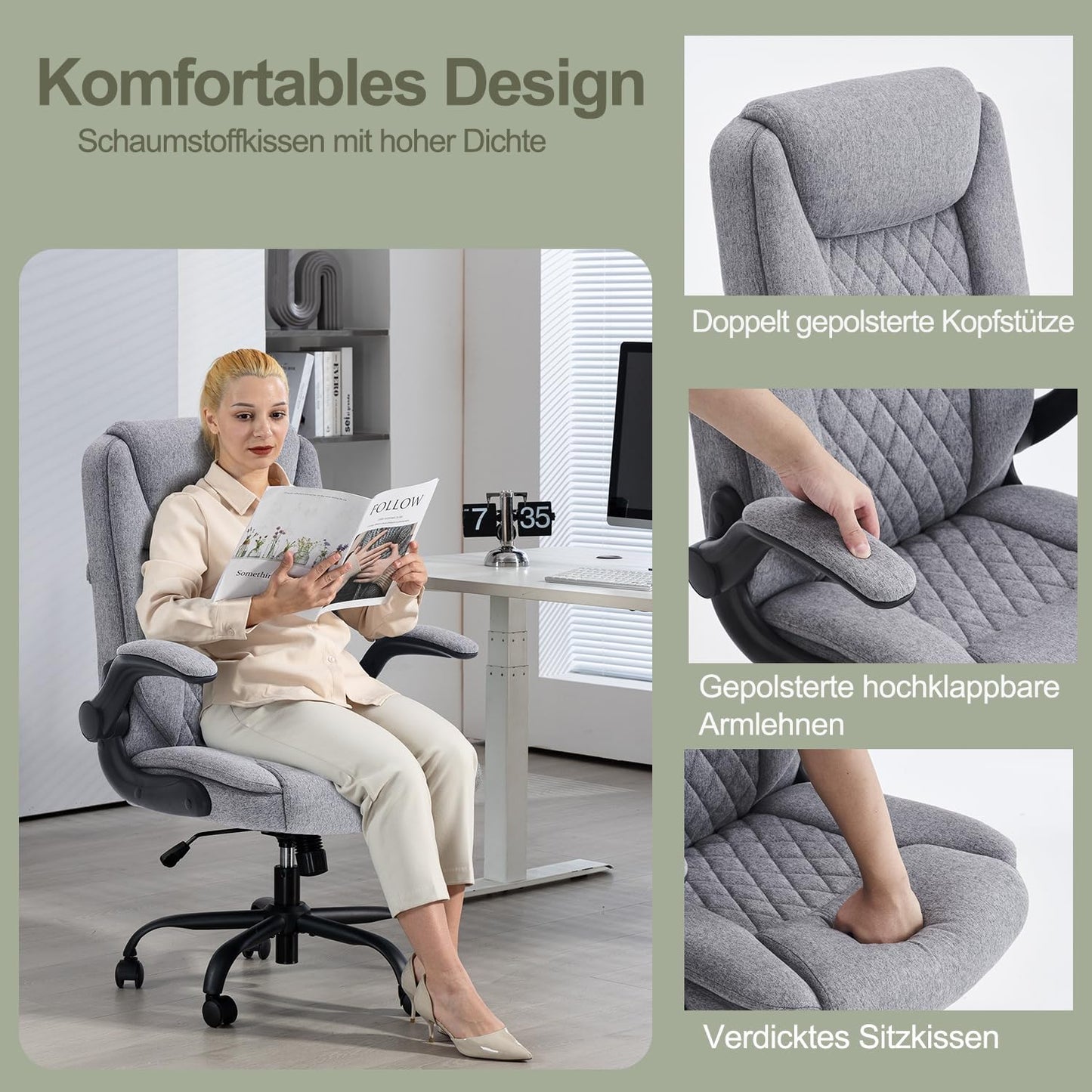 CASTLOVE Bürostuhl Ergonomisch Schreibtischstuhl Chefsessel Mit Gepolsterten Armlehnen Klappbar, H?henverstellung, Wippfunktion und Kopfstütze Bequem für Home-Office Bürostuhl 150kg Beige Stoff