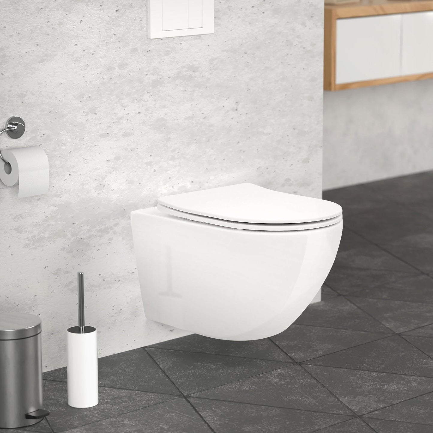 ECD Germany Rimless Wall-Mounted Toilet Ceramic White Matt with Nano Coating, Wall Toilet Long 52 cm, Removable Toilet Seat Made of Duroplast Soft Close Mechanism, Deep Washdown with Lotus Effect