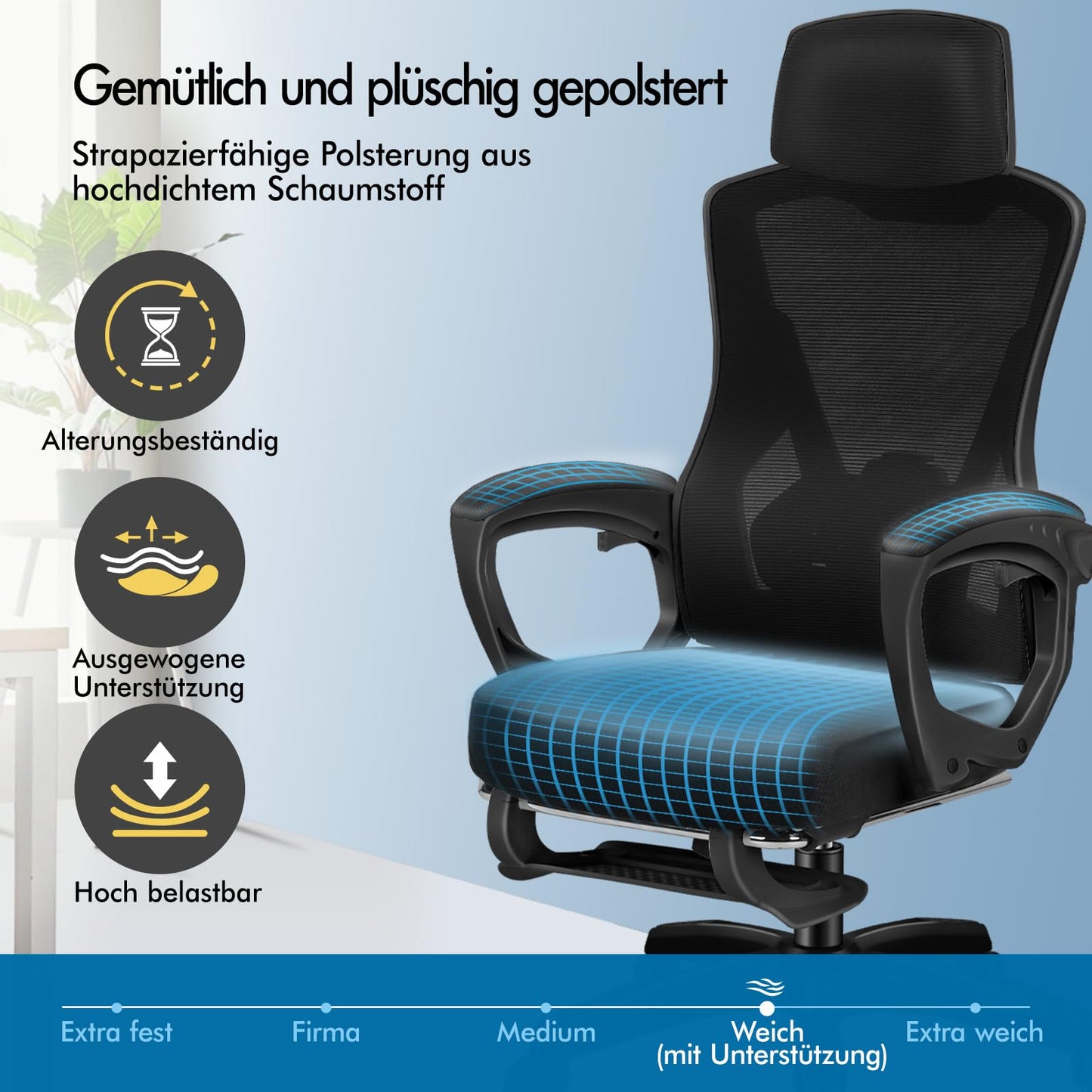 ALFORDSON Bürostuhl, Lendenstütze, Atmungsaktives Netz und Stoff, Hochklappbare/Verstellbare Armlehnen, Hochwertiger Schaumstoff, 180kg für Zuhause & Gaming, Wale, Schwarz