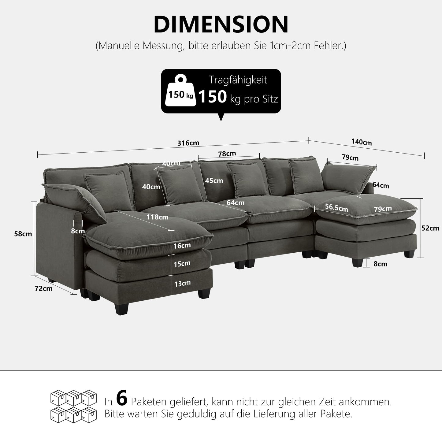 Urhanherry U-Shape Cloud Sofa, Modular Sectional Sofa, 6-Seater with 2 Ottomans, Modern Sofa with Decorative Cushions/Armrests, Breathable Chenille Fabric, U Sofa Couch for Living Room, Beige