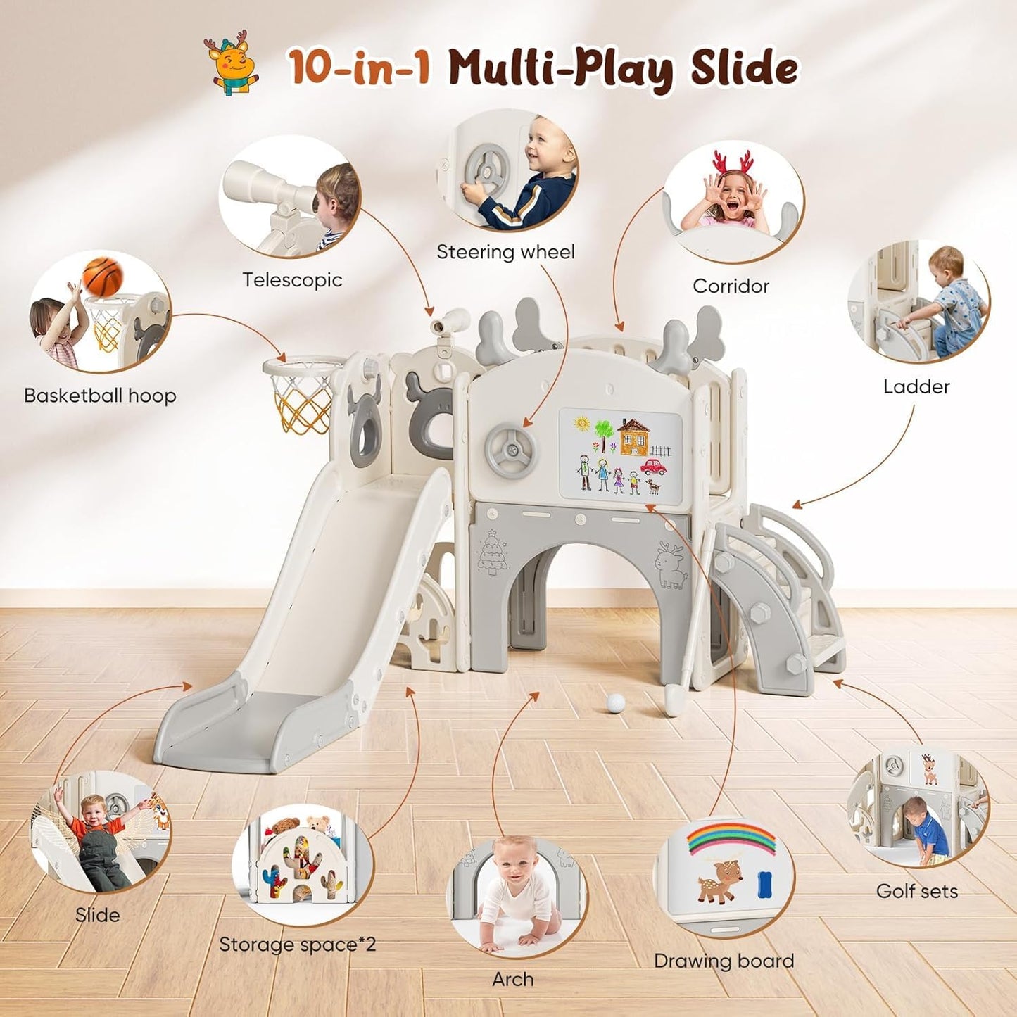 Children's Slide, Large Toddler Slide with Basketball Hoop, Climbing Frame for the Garden, Telescope, Storage Space, for 1-3 Years, Extra Long 1700 mm (7-in-1 Elk Slide Active Model (Khaki)))