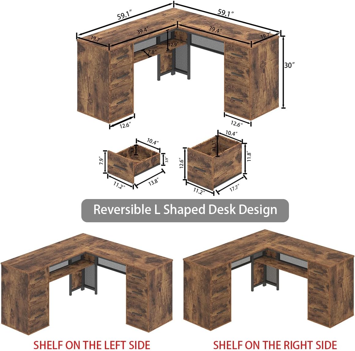 HSH - Black L Shape Corner Desk with Filing Drawers and Shelves, Reversible Corner Desk Made of Metal and Wood with Storage Cabinets