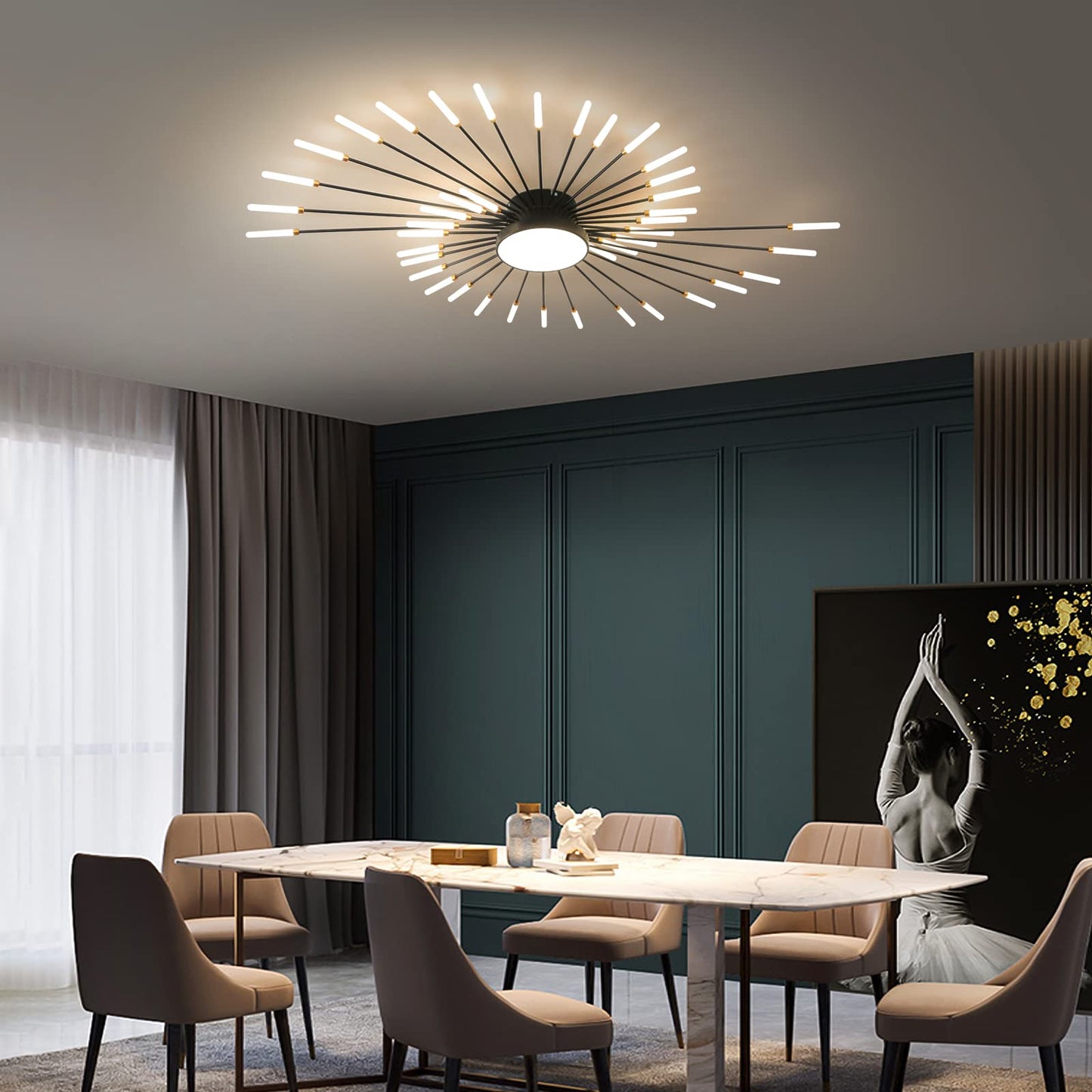 minifair Moderne LED-Deckenleuchte, 12 + 1 Köpfe, halbbündige Deckenleuchte, goldene Kronleuchter, Deckenbeleuchtung für Schlafzimmer, Wohnzimmer, Küche, Esszimmer, Restaurant