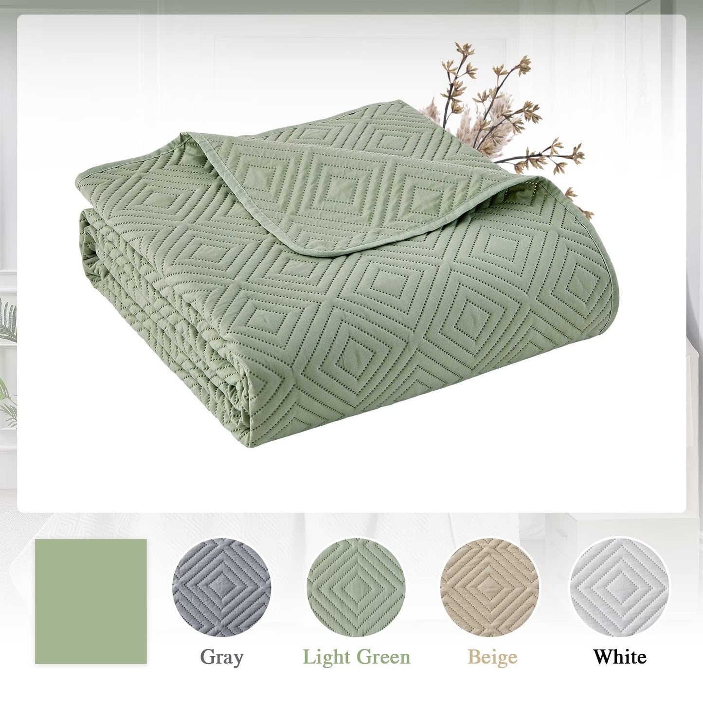 Qucover Tagesdecke Bettüberwurf 220x240cm Grün, Bedspreads aus Mikrofaser, Bettüberwuf Set mit 2 Kissenbezügen 50x75cm,Steppdecke bei 3D-Ultraschal genäht, Sofaüberwurf Bettüberwurf Überwurfdecke