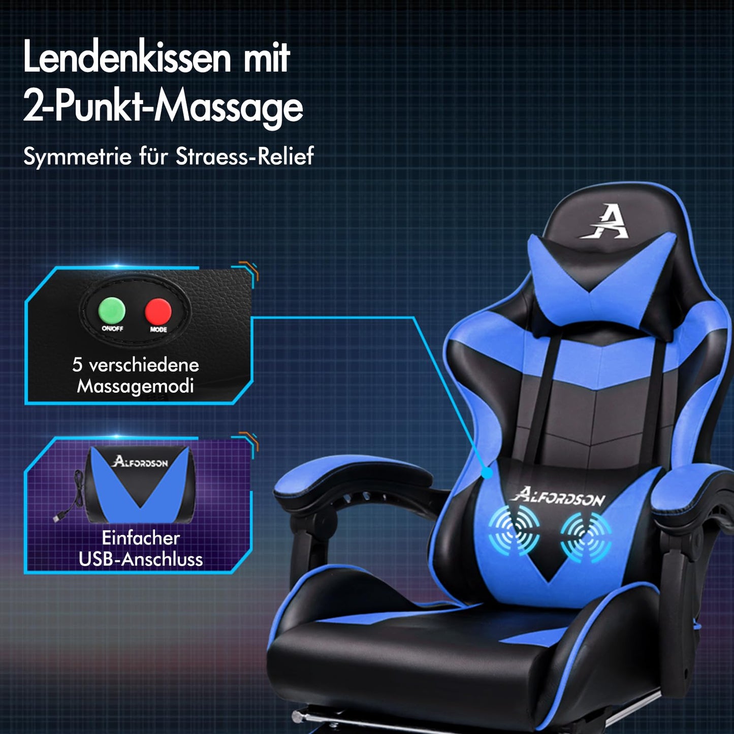 ALFORDSON Videospielstuhl, ergonomischer Bürostuhl, Massage-Rennstuhl, einziehbare Fußstütze, PU-Leder, höhenverstellbar und neigbar, 180 kg Tragkraft, Schwarz