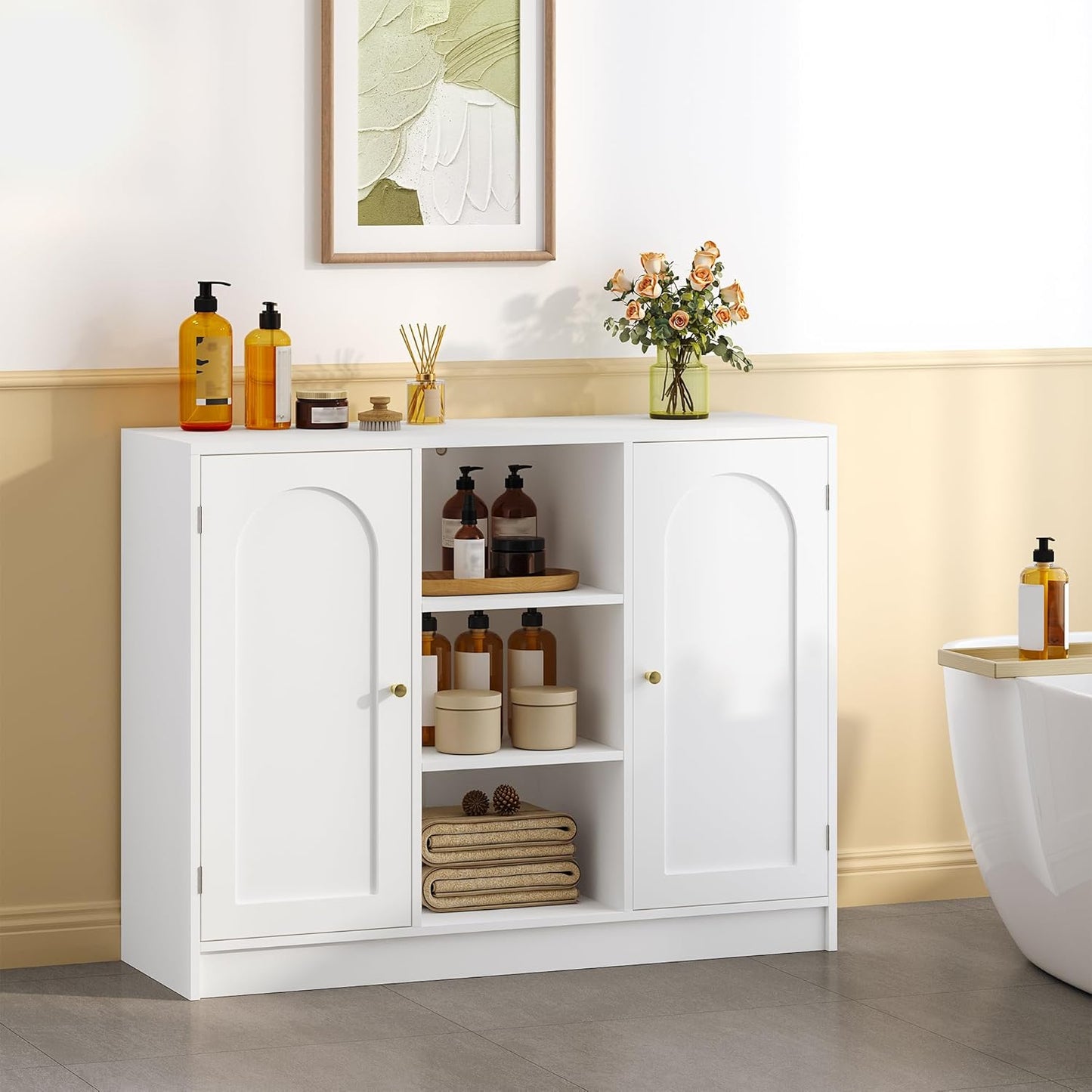 Hzuaneri SC21203X Bathroom Cabinet with 2 Doors, Kitchen Cabinet, Storage Cabinet, Sideboard with 3 Open Storage Compartments, Adjustable Shelf, Bathroom, Kitchen, 30 x 100 x 81.5 cm, White