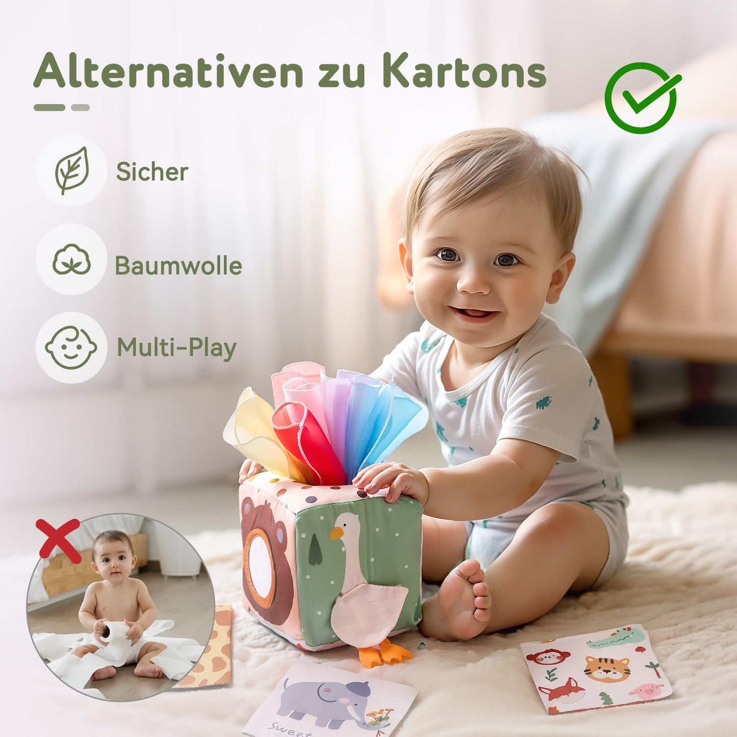 WOODEN TEETHER Tissue Box Montessori Motorikspielzeug, 6-12 Monate Sensorik Baby Spielzeug mit Spiegel, Farben, Texturen, Kinder Frühes Lernspielzeug für Jungen Mädchen Geschenke