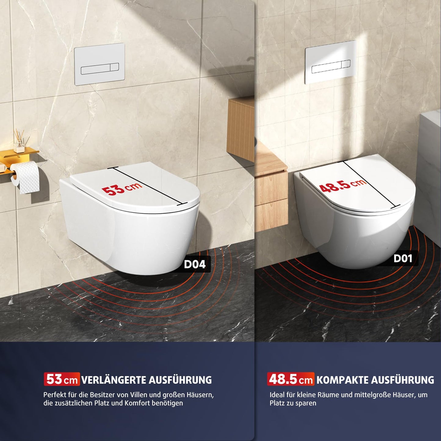Rainsworth Spülrandlos Wand-WC Tiefspül Toilette - Hänge Toiletten mit effizienter Spültechnik, Kloschüssel inklusive WC-Sitz mit Absenkautomatik und Schnellspanner, Weiß, 48,5 cm lang