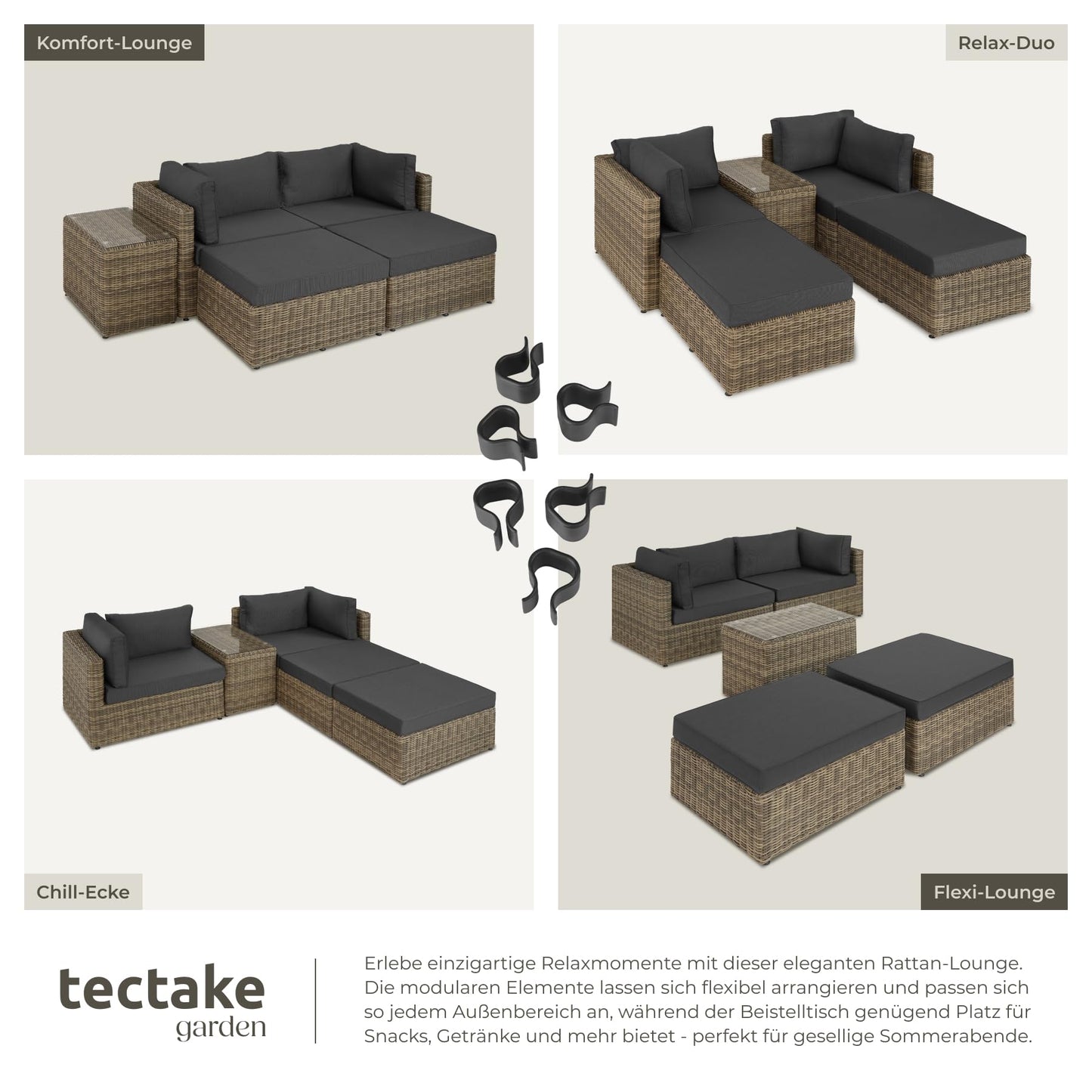 tectake® Luxus Rattan Lounge Set Outdoor, modulares Sofa mit Couch Tisch und Hocker, Balkon Möbel, Garten, Terrasse, Gartenmöbel Set wetterfest, Balkon Lounge, Gartenlounge - Natur