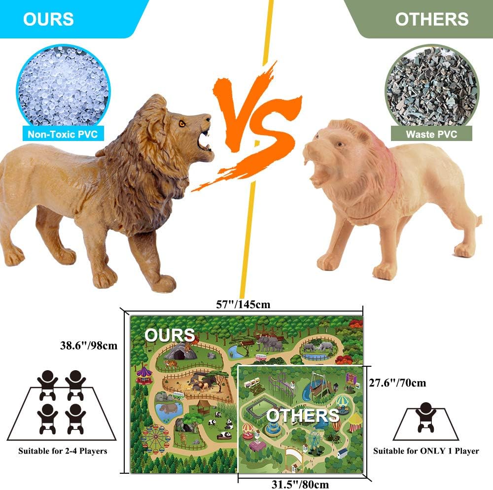 Mini Tudou 12 Stücke Safari Tiere Spielzeug Tierfiguren mit 145x98cm Aktivität Spielmatte,Realistischte Wildtier Figuren mit Löwe,Panda,Tiger,Nilpferd,Giraffe,Elefant für Kinder Jungen&Mädchen