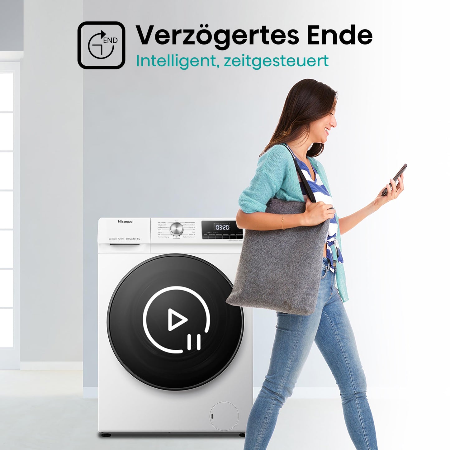 Hisense WF3S8043BB3 Waschmachine mit Dampffunkunktion, 8 kg, 1400 U,min, WIFI, ConnectLife, Power JetWash, Anti-Allergie Programm, Aqua Stop, Auto Wash, Quick Wash, EEK A-30 Prozent