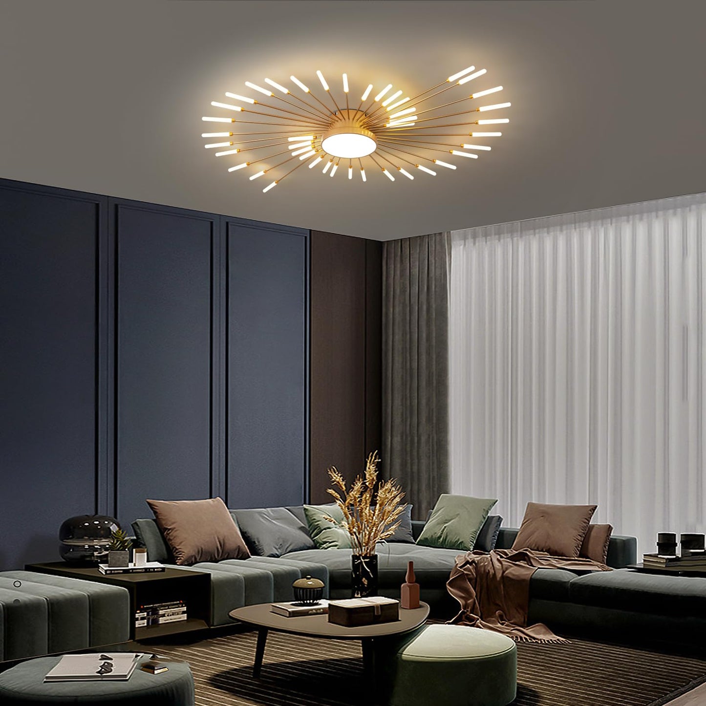 minifair Moderne LED-Deckenleuchte, 12 + 1 Köpfe, halbbündige Deckenleuchte, goldene Kronleuchter, Deckenbeleuchtung für Schlafzimmer, Wohnzimmer, Küche, Esszimmer, Restaurant