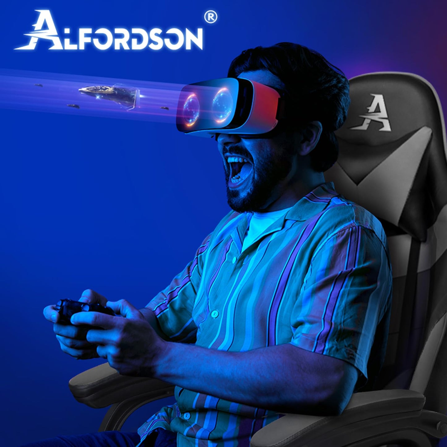 ALFORDSON Videospielstuhl, ergonomischer Bürostuhl, Massage-Rennstuhl, einziehbare Fußstütze, PU-Leder, höhenverstellbar und neigbar, 180 kg Tragkraft, Schwarz