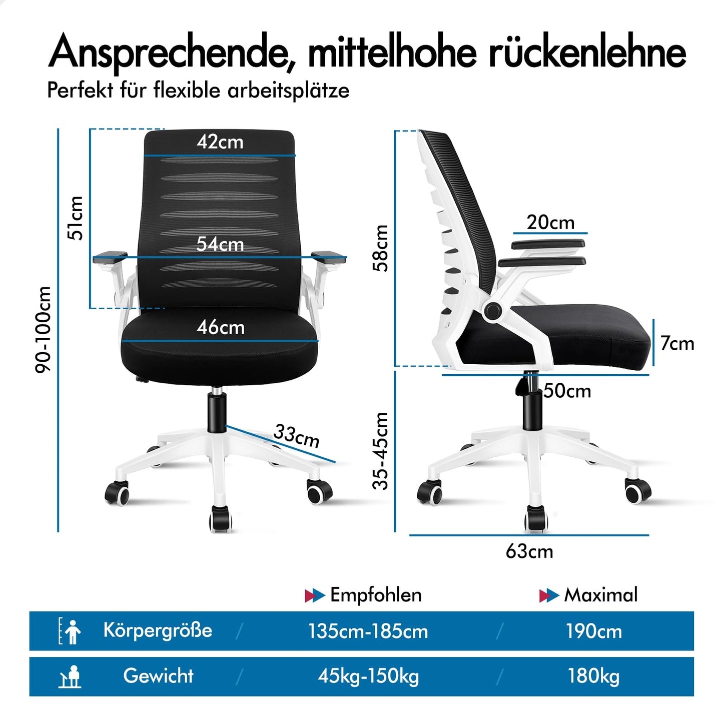 ALFORDSON Bürostuhl, Lendenstütze, Atmungsaktives Netz und Stoff, Hochklappbare/Verstellbare Armlehnen, Hochwertiger Schaumstoff, 180kg für Zuhause & Gaming, Wale, Schwarz