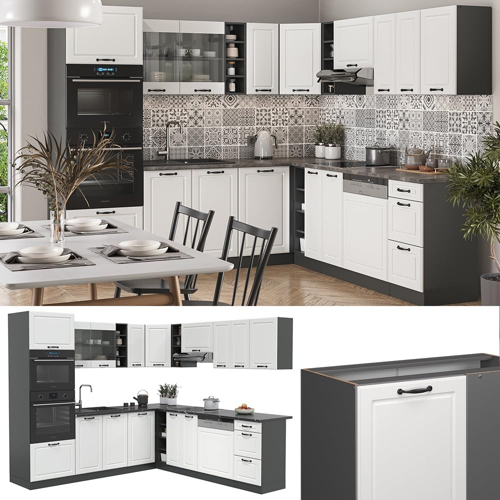 Vicco R-Line Fitted Kitchen Cabinets Anthracite Kitchen Furniture (Anthracite / White High Gloss, Corner 247 x 237 cm)