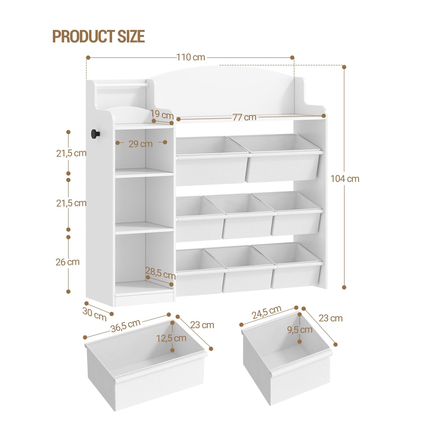 Hzuaneri KB43003W Children's Bookcase, Wooden Bookcase, Toy Shelf with 8 Fabric Drawers for Children's Room, Living Room, Study, White, 30 x 140 x 100 cm