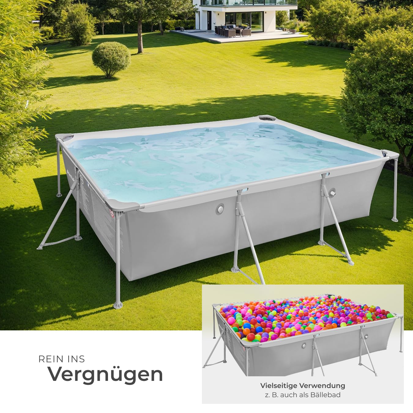 tectake® Swimming Pool, Large Swimming Pool, Rectangular, Frame Pool, Pool for Garden, Steel Frame Pool, Complete Set, Outdoor Garden Pool, Above Ground Pool, 300 x 207 x 70 cm, Grey