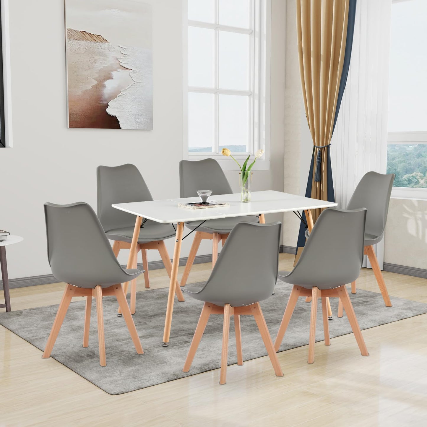 H.J WeDoo Esszimmergruppe mit 4 Essstühlen, Rechteckig Esstisch und Stühle für Esszimmer, Küche, Wohnzimmer, Weißer Esstisch und Graue Stühle
