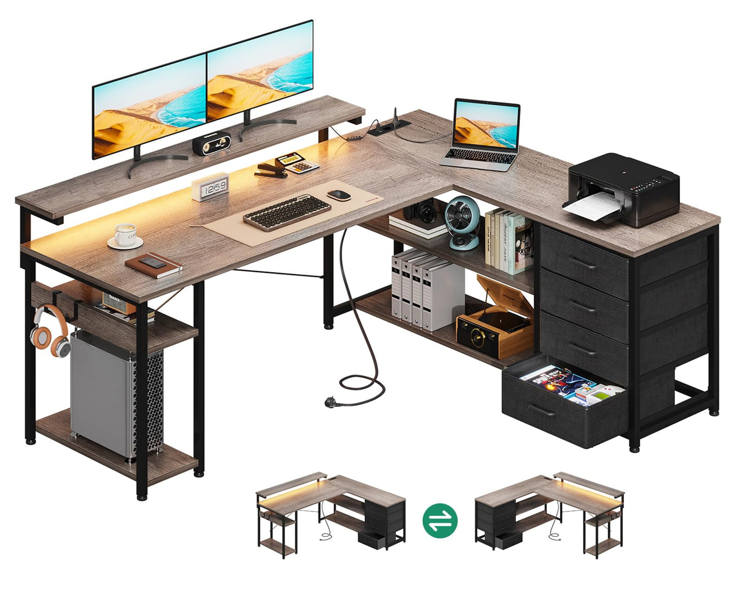 ODK Schreibtisch mit Schubladen, Reversible Eckschreibtisch mit 2 Steckdosen und 2 USB Ladeanschluss, Bürotisch L Form mit LED für Home Office 155×110cm (Alles Weiß)