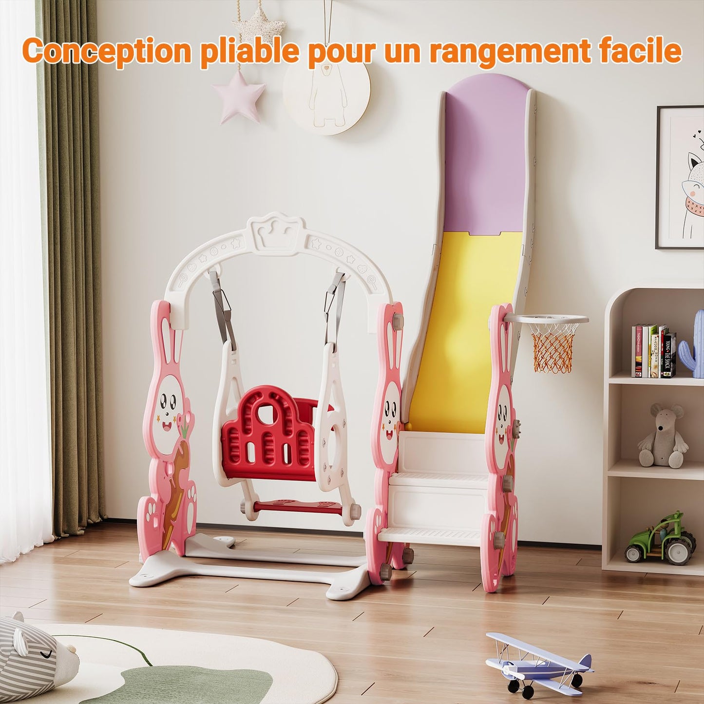 Kinderrutsche, Babyschaukel, 4 in 1, mit Schaukeln, Treppen, Gleiten, Basketballgestellen, Spielplatz für drinnen und draußen, multifunktionale Rutsche (Rosa, Kaninchen)