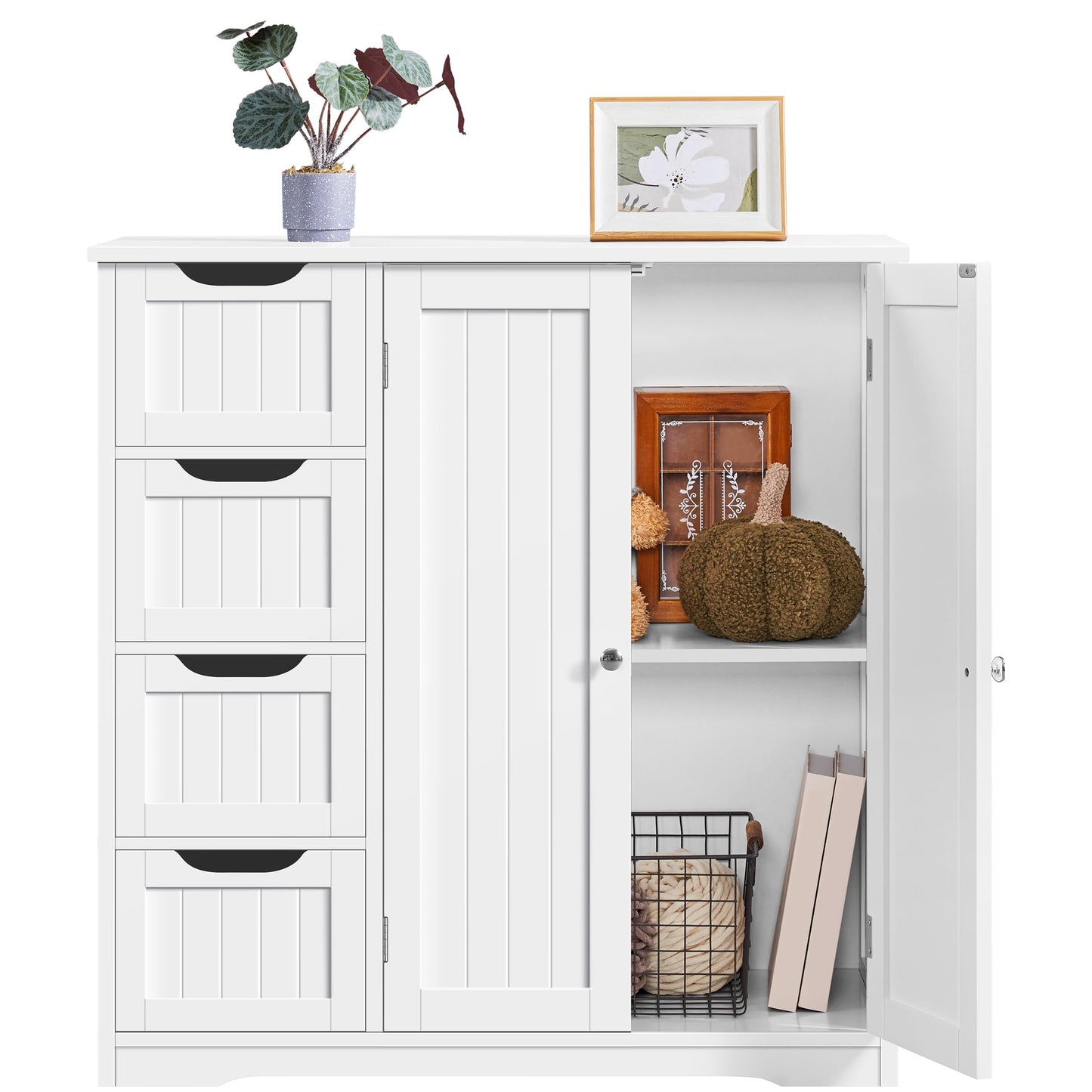 Yaheetech Bathroom Cabinet Floor Cabinet with 4 Drawers and 2 Doors Bathroom Cabinet Floor Cabinet with Height-Adjustable Shelf for Bathroom Living Room Hallway Kitchen White