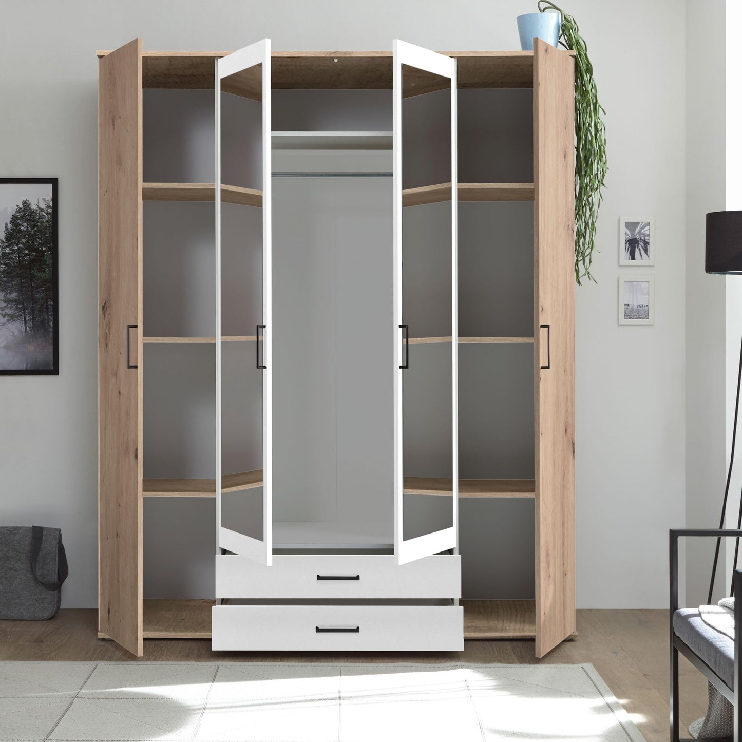 Stella Trading CHICAGO Eleganter Kleiderschrank mit viel Stauraum - Vielseitiger Drehtürenschrank in Artisan Eiche Optik und Absetzungen in Anthrazit - 156 x 197 x 54 cm (B/H/T)