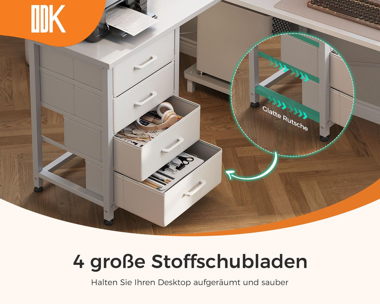 ODK Corner Desk with 4 Drawers, 135 x 100 cm, L Shape Desk with Socket and USB Charging Port, Reversible Desk with Storage Space for Home Office and Gaming, Black