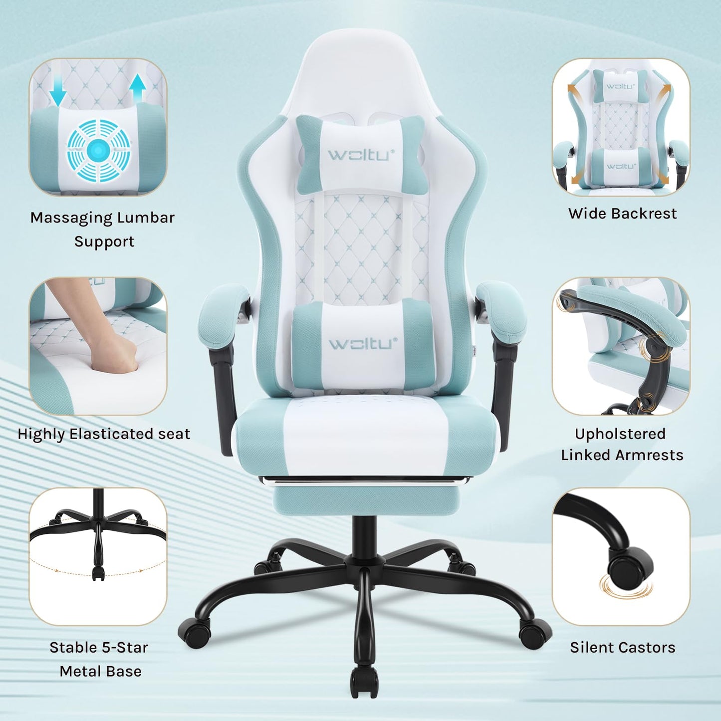 WOLTU Gaming Stuhl mit Massagefunktion, Computerstuhl Ergonomisch, Taschenfederkissen, Lendenmassage, Kopfkissen, Fußstütze, Drehstuhl, 150 kg, Netzstoff, Rosa+Weiß