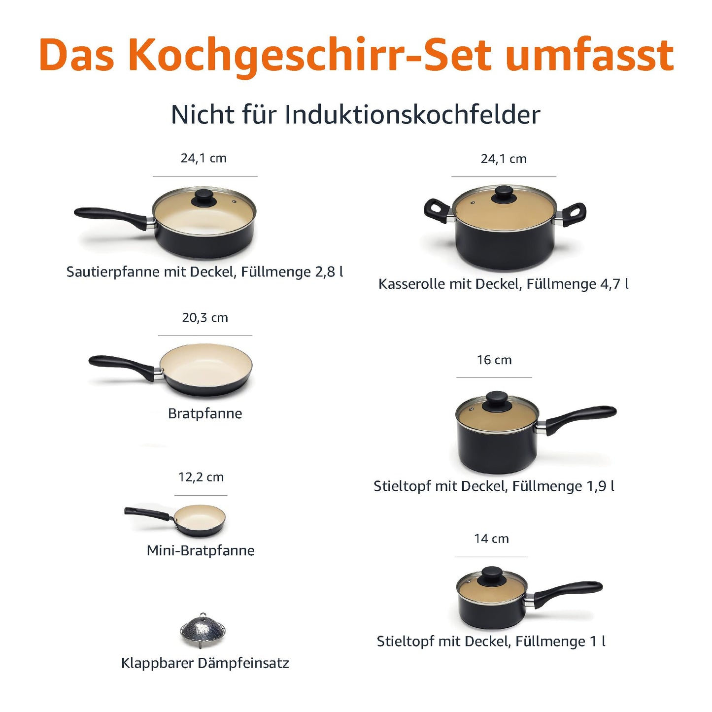 Amazon Basics 11-teiliges Kochgeschirr-Set mit Töpfen und Pfannen aus Keramik, antihaftbeschichtet, PFOA- und PTFE-frei, Schwarz/Creme