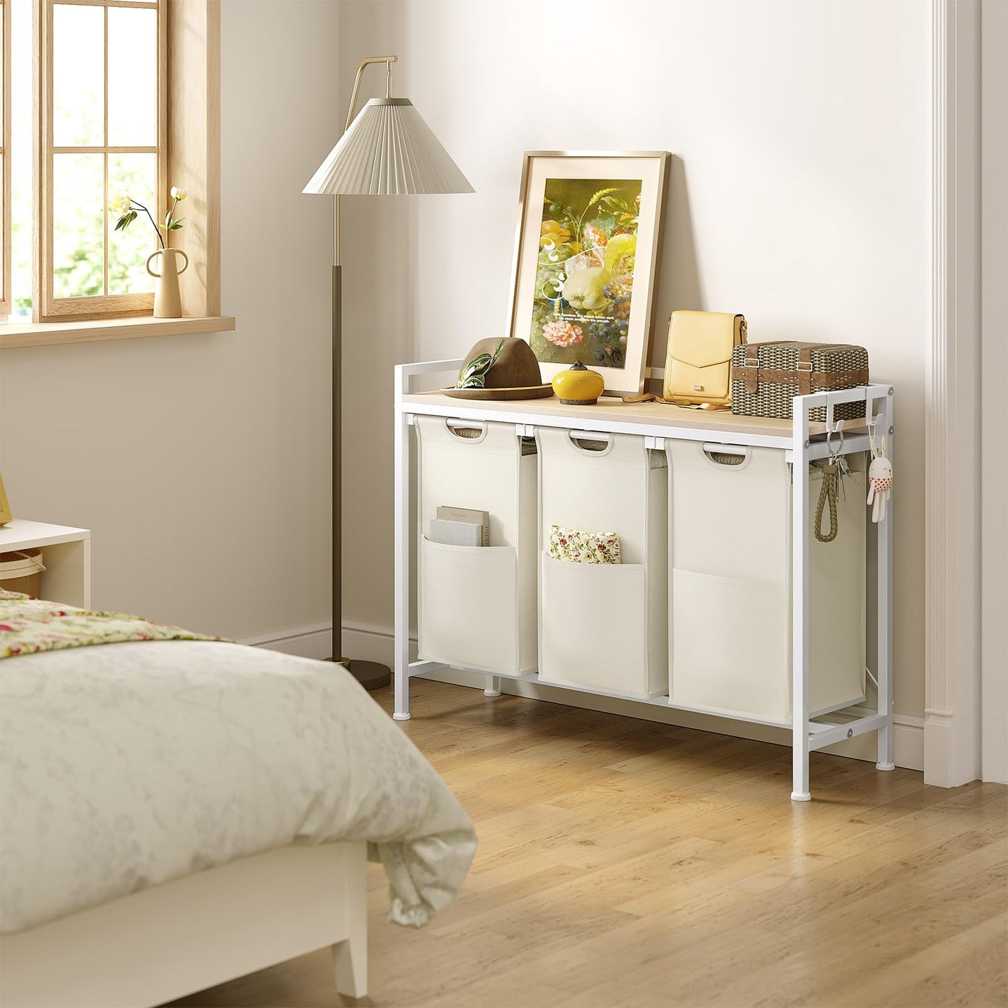 WOLTU Laundry Basket, 3 Compartments, Each 40 L, Laundry Hamper with Shelf Metal Frame, Oxford Fabric Laundry Bag, Extendable, Removable, Laundry Sorter, Laundry Container, White