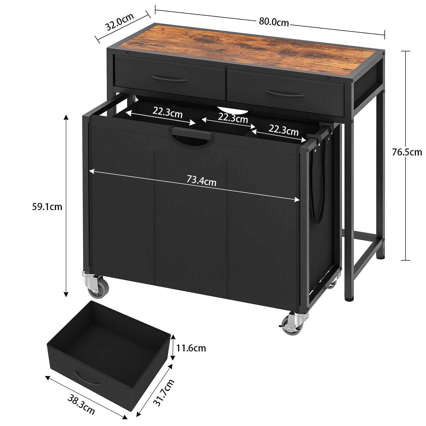 FIONESO Laundry Basket 3 Compartments, 120 L Laundry Hamper with 2 Drawers, Laundry Basket with Wheels & Two-Tone Top Plate, Laundry Trolley for Laundry Room, Bathroom, Entrance Area - 80 x 32 x 76.5