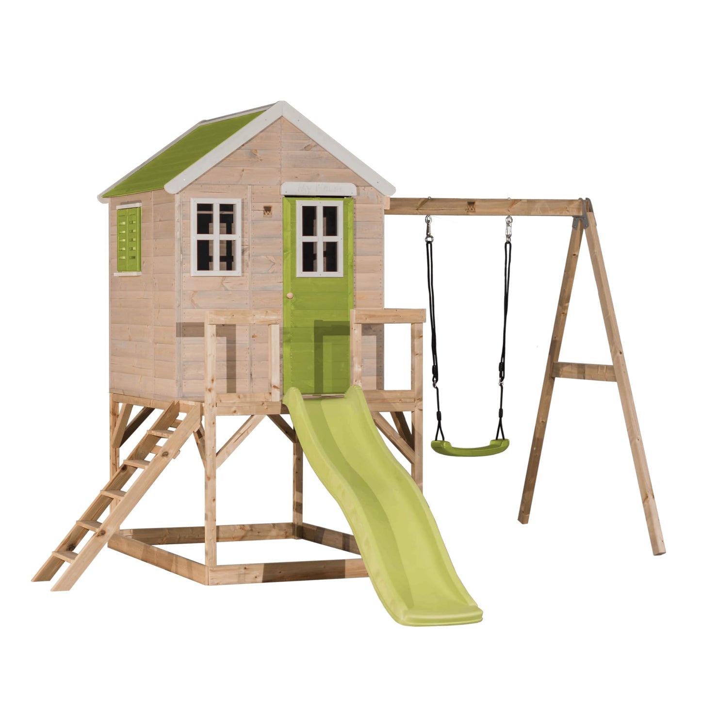 Wendi Toys M24G Children's Outdoor Stilt House with Slide and Swing, 330 x 350 x 242 cm, Grey, FSC Wood, Playhouse Children Outdoor with Swing & Plastic Slide for Garden, Playground for Garden