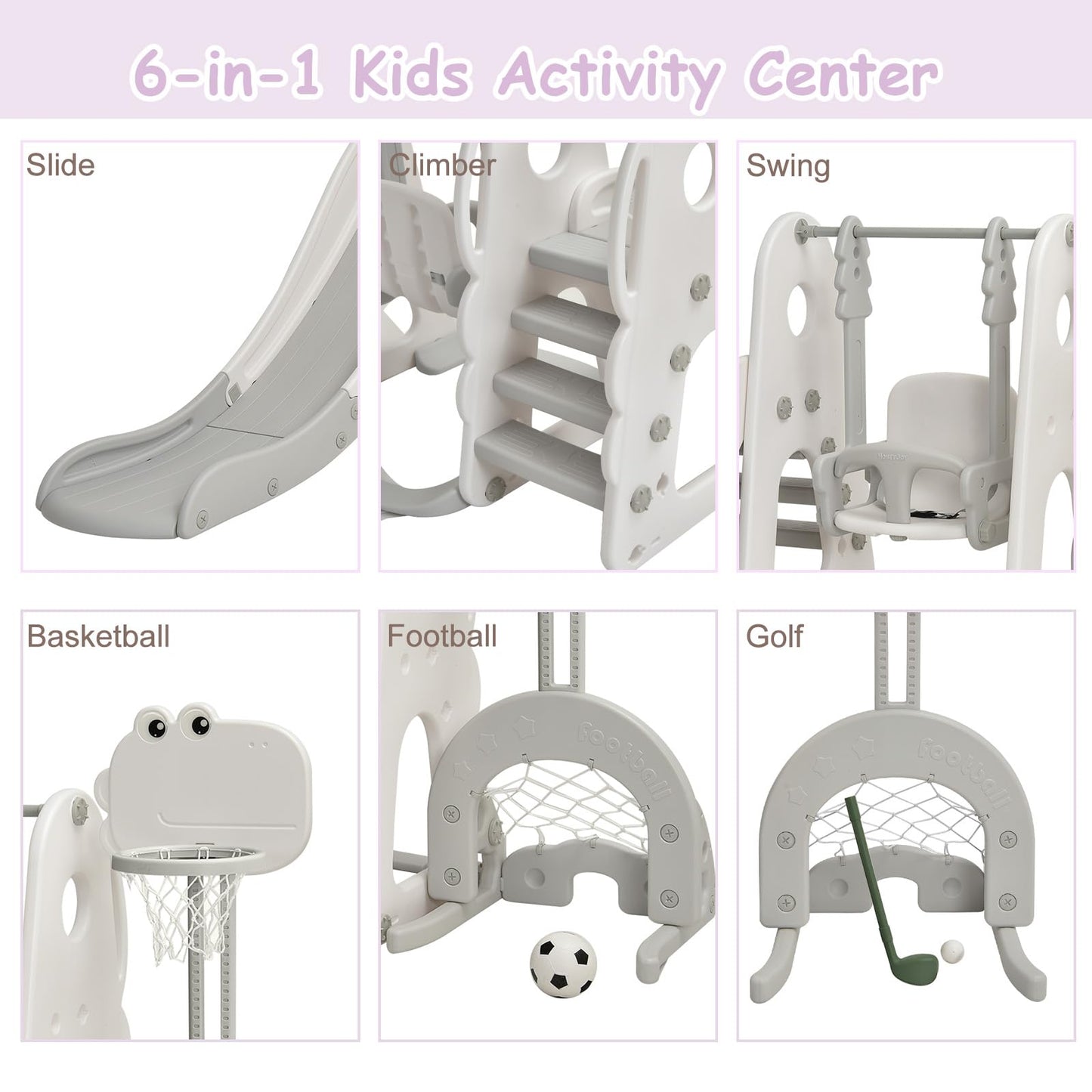 HOMASIS 6-in-1 Kinderrutsche mit Schaukel, Freistehende Rutsche & Schaukel & Basketballkorb & Kletterleiter & Fußballtor & Golfloch, Kinder Spielplatz für ab 3 Jahre Indoor & Outdoor (Orange+Grün)