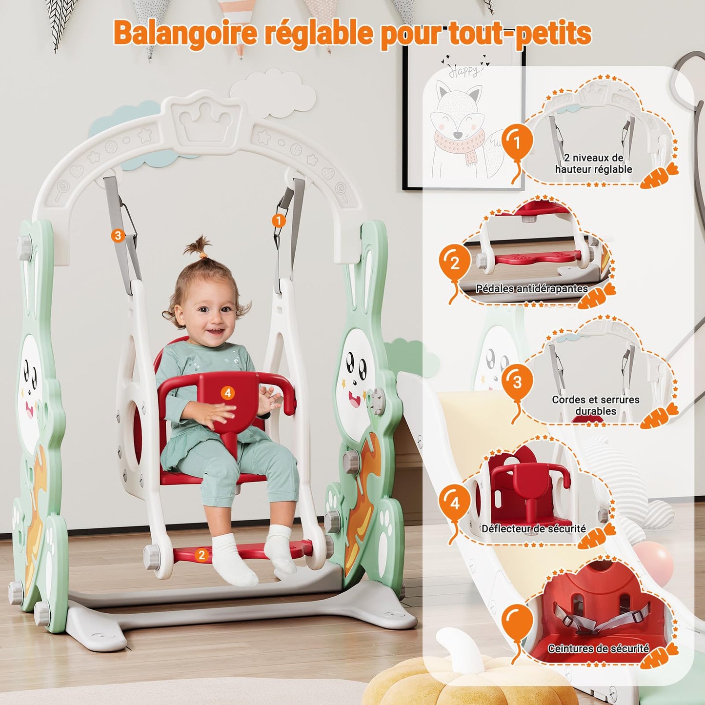 DADEA 6 in 1 Kinderrutsche mit Korb, Rutsche und Schaukel für Kinder im Freien Grün, 150 × 150 × 115 cm, Babyschaukel und Rutsche für Kinder zu Hause Schaukel Kinderrutsche, Grün