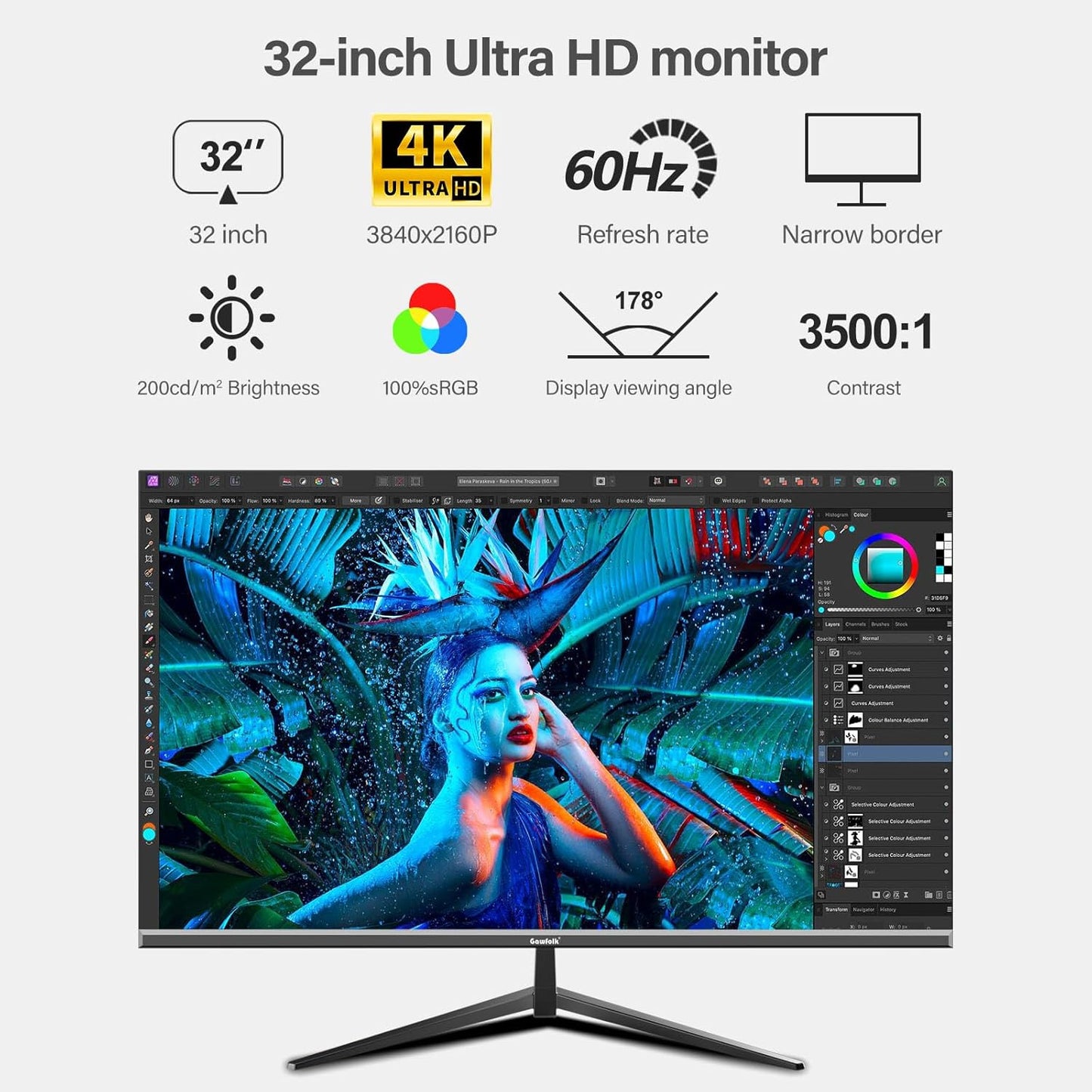 Gawfolk PC Monitor 32 Zoll UHD 4K 60Hz, Ultraklar (3840×2160p) Computer Bildschirm mit FreeSync, HDMI, DisplayPort, 178° Betrachtungswinkel, Unterstützt VESA100*100mm