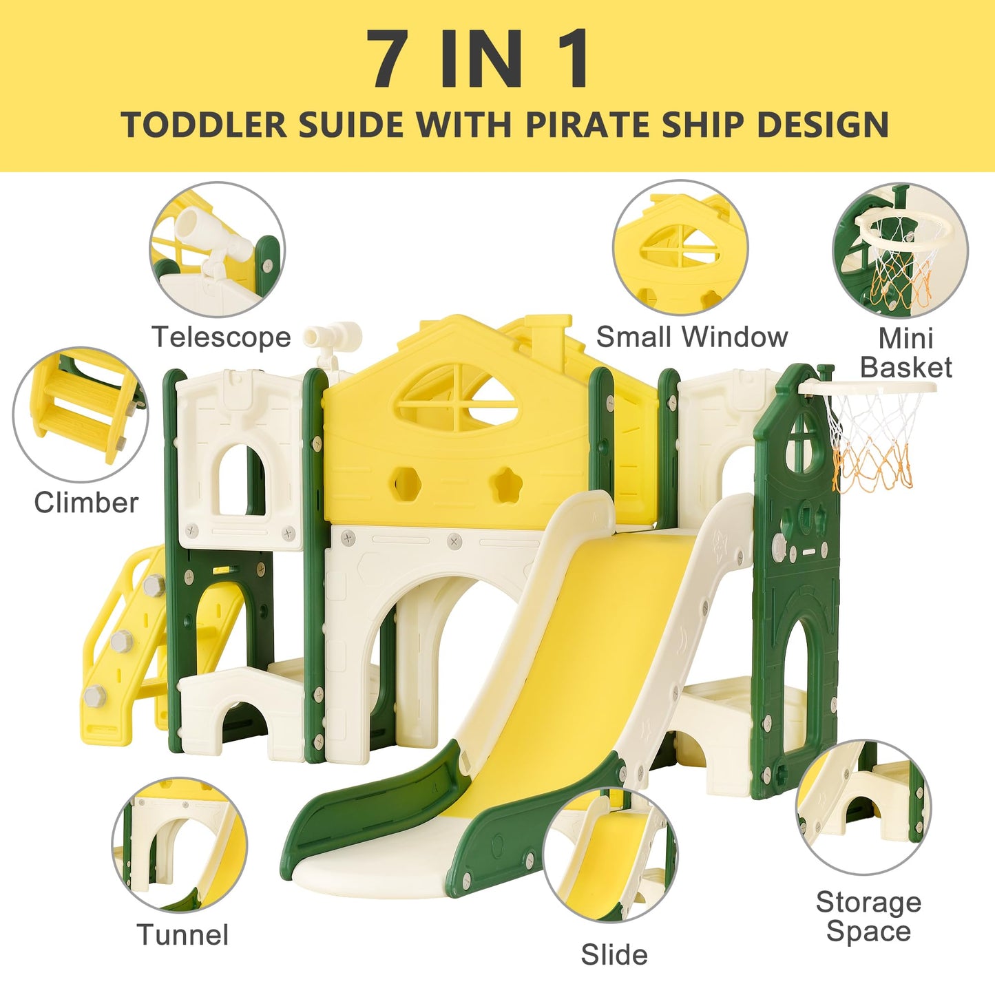 DADEA 6 in 1 Kinderrutsche mit Korb, Rutsche und Schaukel für Kinder im Freien Grün, 150 × 150 × 115 cm, Babyschaukel und Rutsche für Kinder zu Hause Schaukel Kinderrutsche, Grün