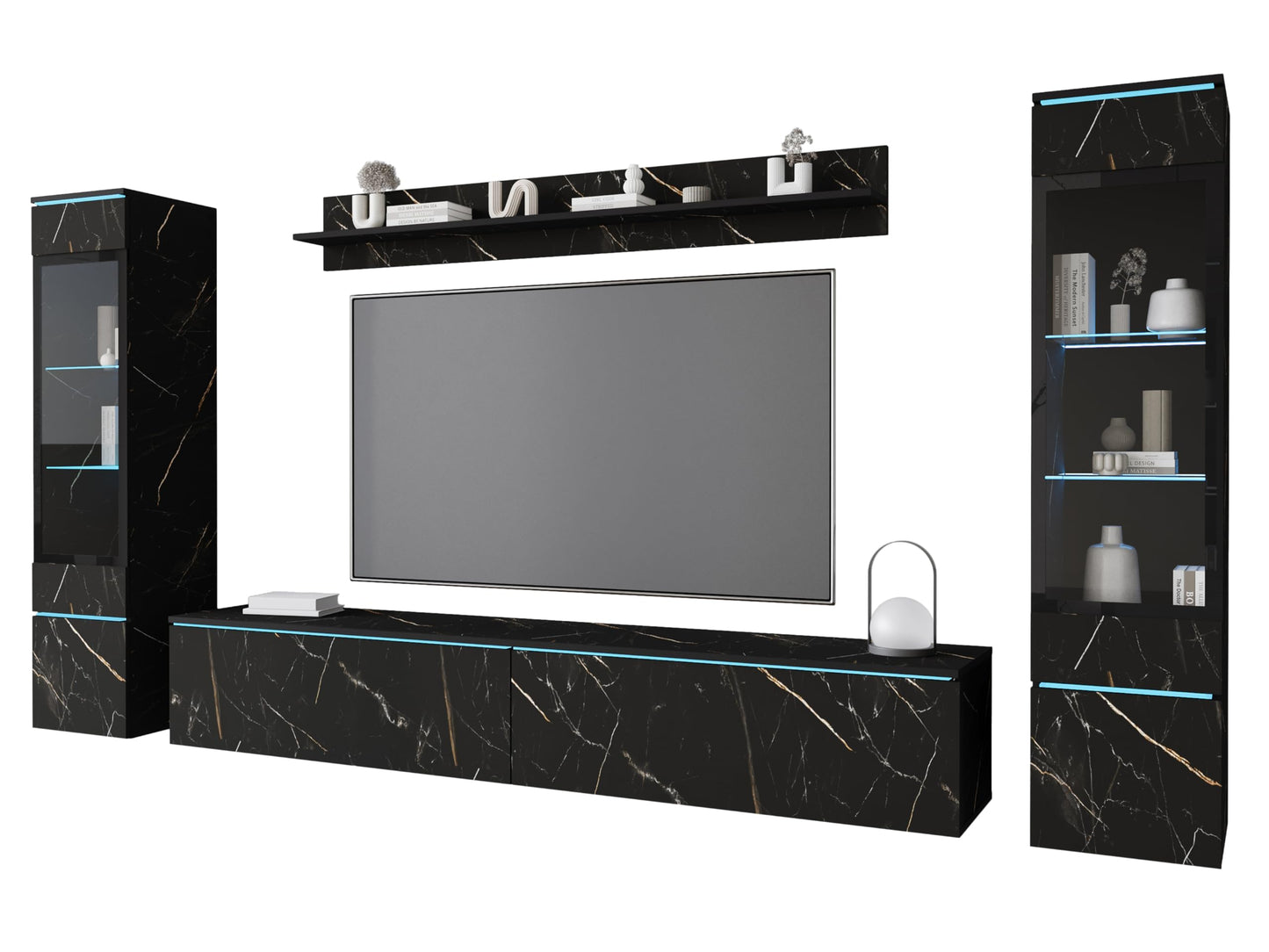 MINIO go for it Veve 2, 4-Piece Wall Unit Set, Hanging or Standing, 2 x Tall Cabinet Display Cabinets, Lowboard, Wall Board, Laminated Clamping Plate, Wotan Oak and Black Gloss, without Lighting
