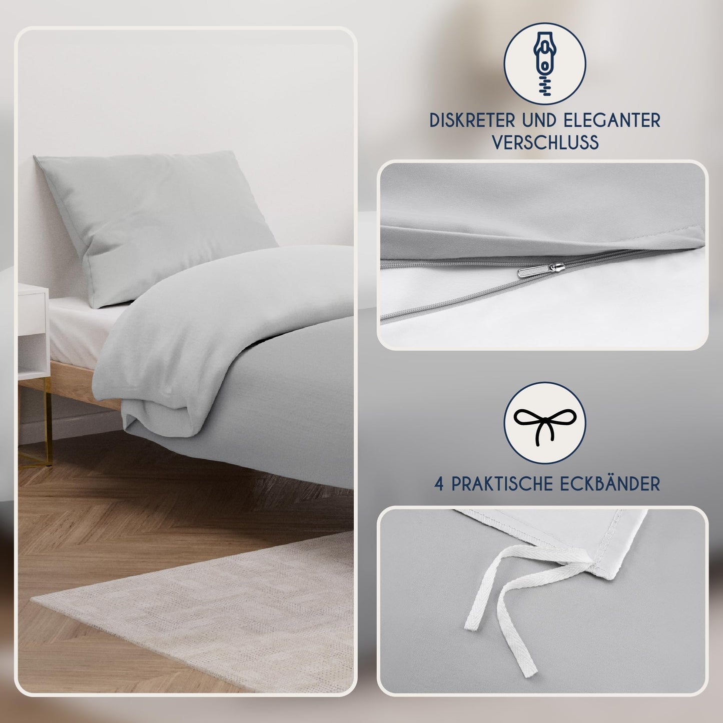 Dreamzie - Bed Linen Set 200 x 200 cm with 2 Pillowcases 80 x 80 cm Light Grey/White - 1 Duvet Cover 200 x 200 cm Made of 100% Microfibre - Certified No Chemicals (Oeko Tex)