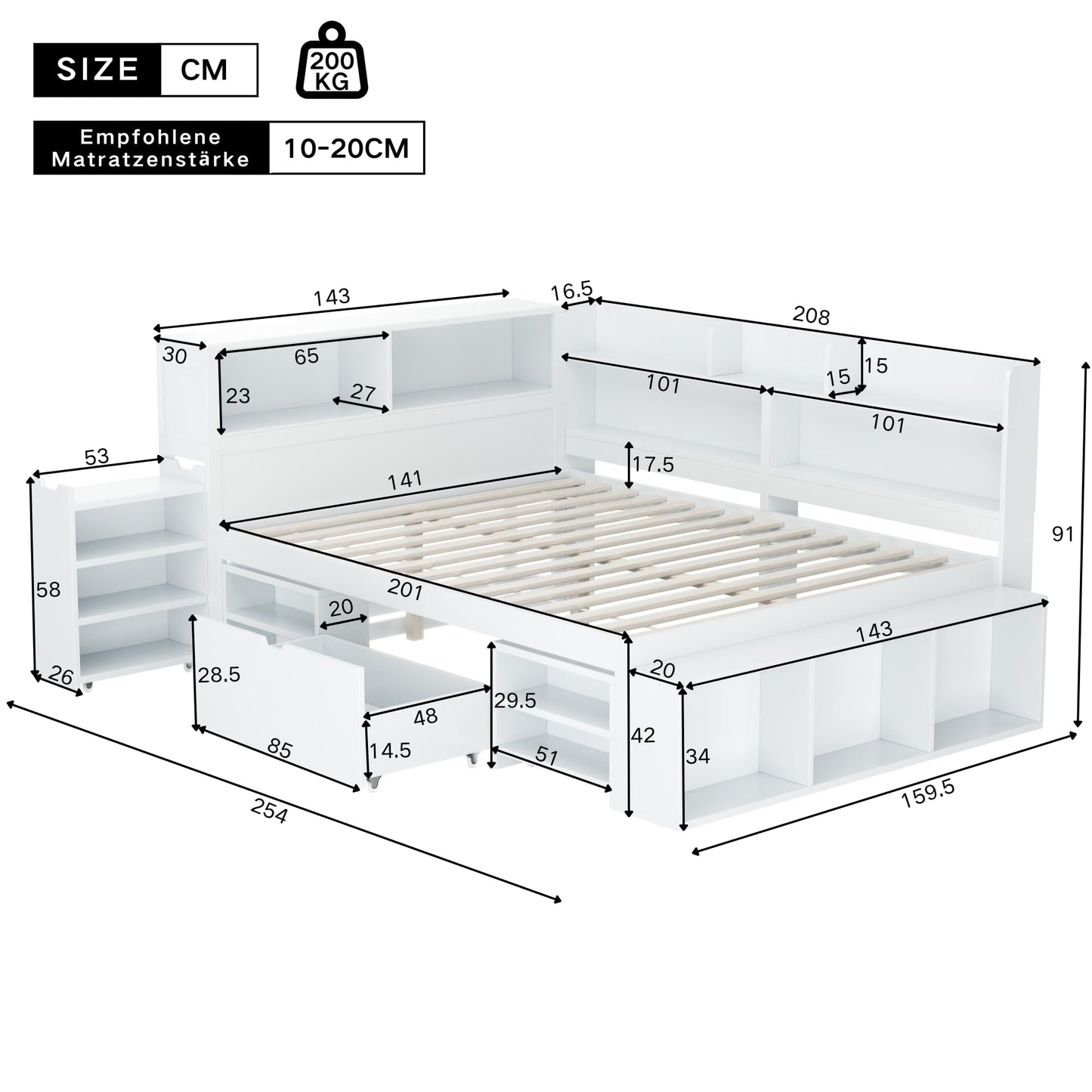 Children's Bed 90 x 200 cm, Wooden Bed with Drawers and Board, Headboard with Bookshelf and Fall Protection, Bed with Slatted Frame and Storage Space, Teenager's Bed, Functional Bed, Wooden Bed Frame,