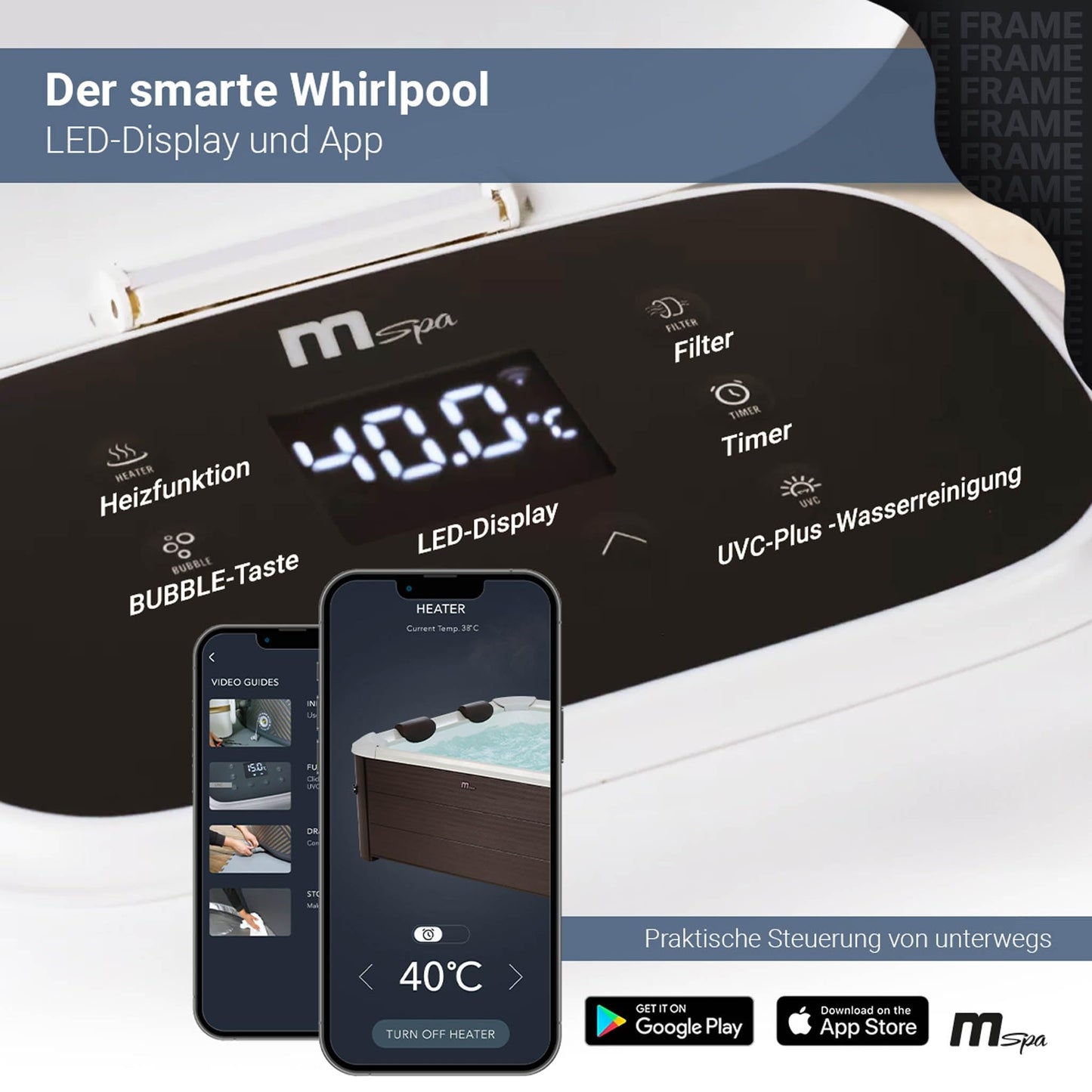 Miweba Whirlpool MSpa Tribeca mit Fester Außenwand | Pool mit App Steuerung | Spa für 6 Personen | 160x160x65cm | 120 Massagedüsen | Ganzjähriger Einsatz Winterfest | In & Outdoor Pool | Aufstellpool