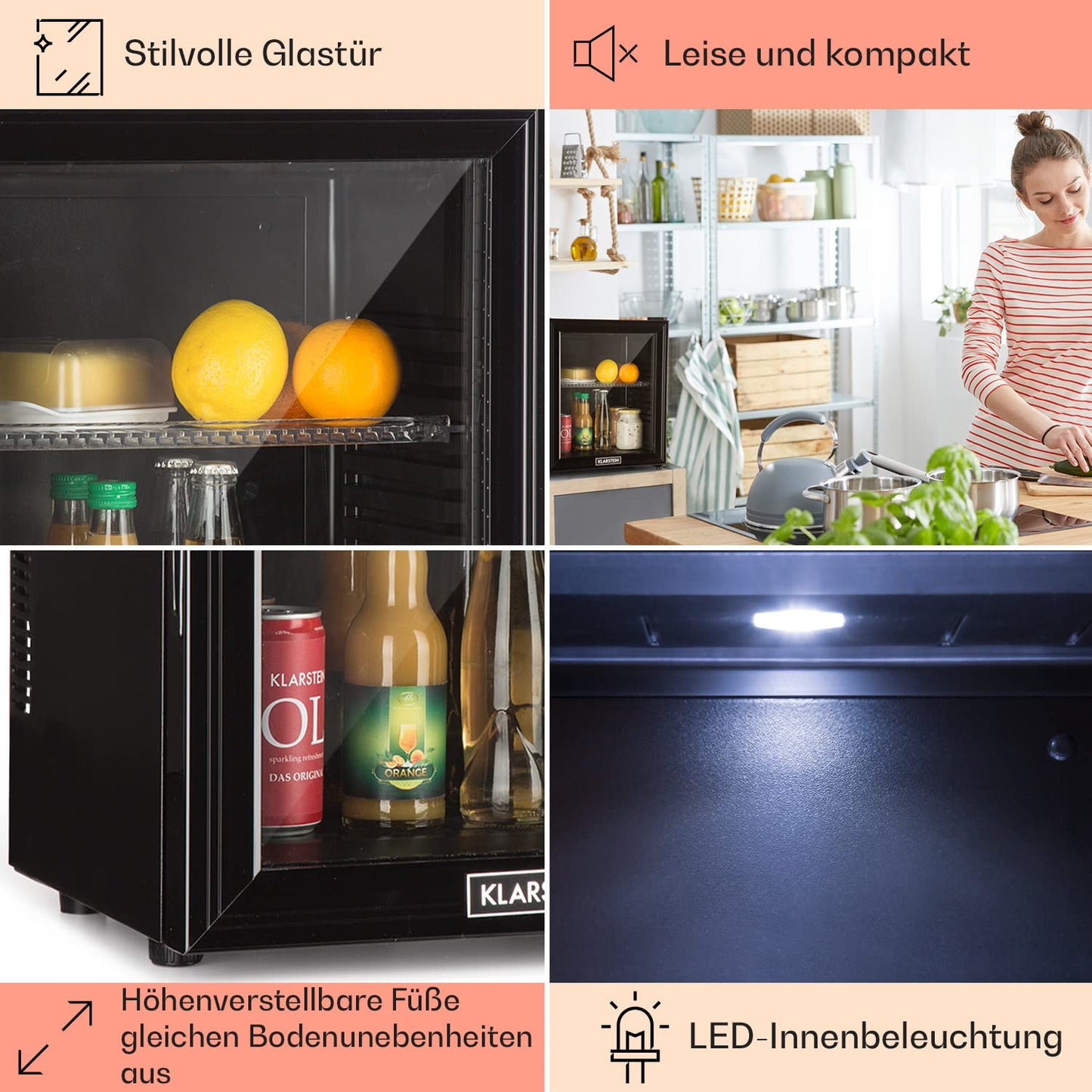 Klarstein Kühlschrank, Mini Kühlschrank mit Glastüre, Mini-Kühlschrank für Getränke, Snacks & Kosmetik, Kühlschrank Klein & Leise, Verstellbare Ablagen, Kleiner Skincare Kühlschrank 12-18°C, 23L