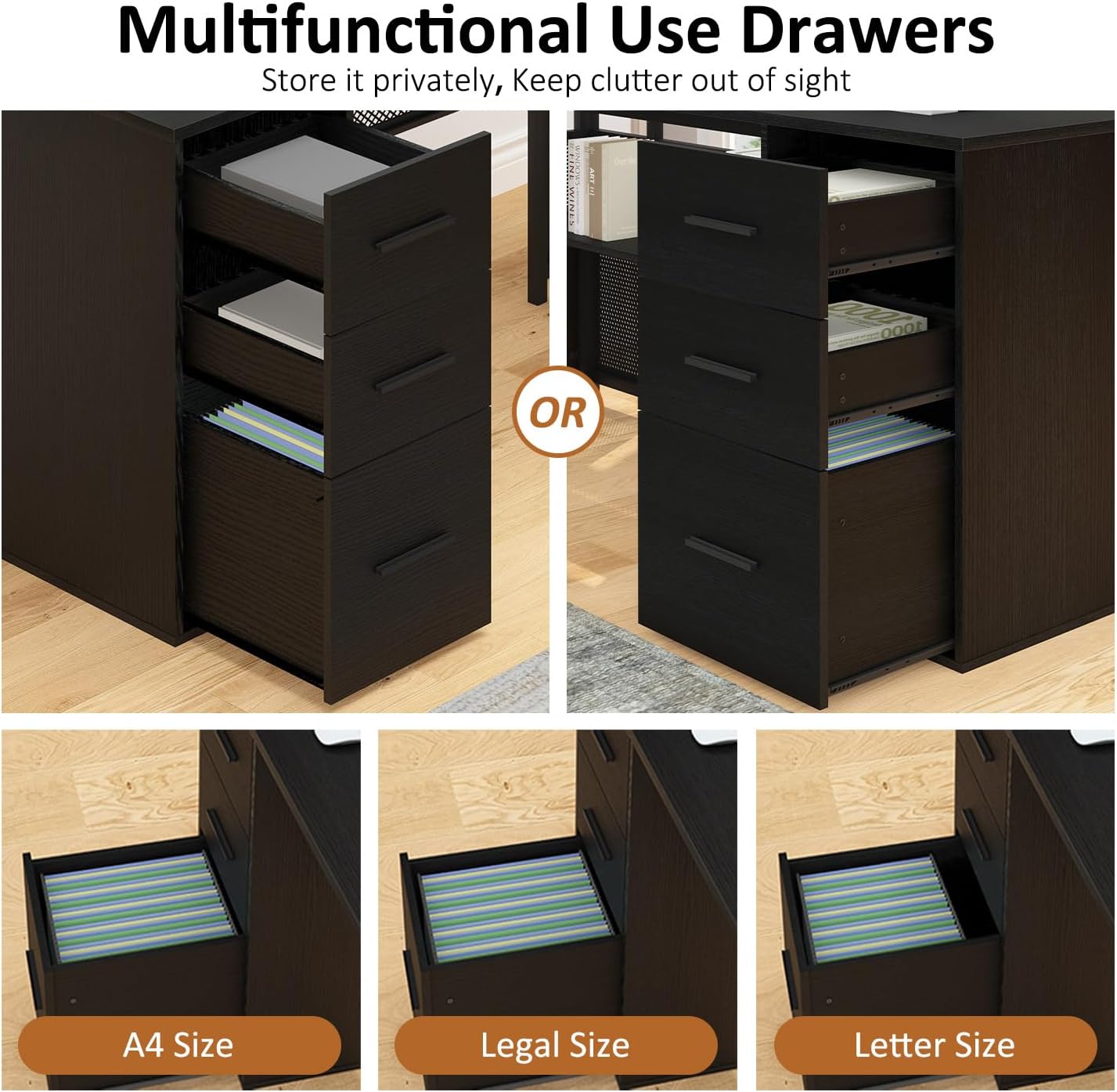 HSH - Black L Shape Corner Desk with Filing Drawers and Shelves, Reversible Corner Desk Made of Metal and Wood with Storage Cabinets