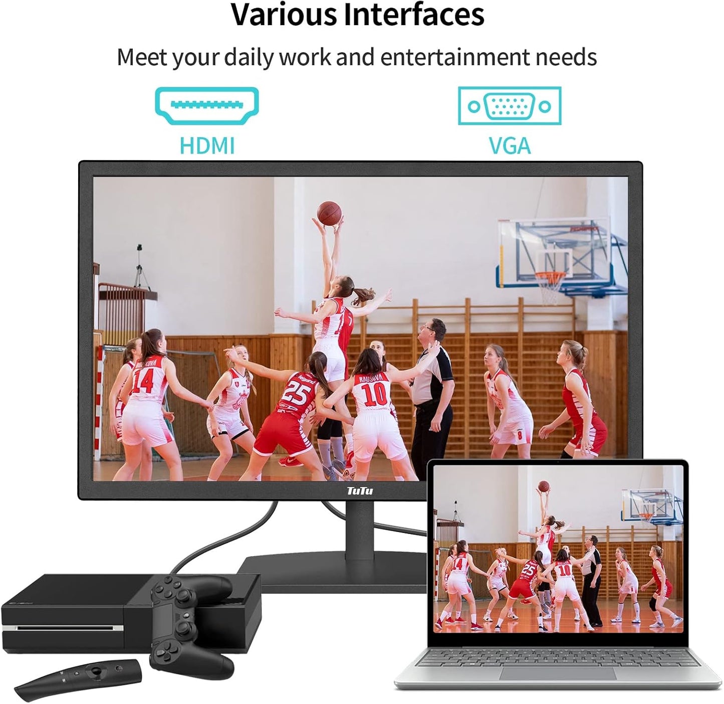 TuTu 24 Zoll Monitor Full HD VA Panel Randlos 75HZ Eye Care (1920 x 1080, VGA HDMI VESA 75 x 75mm) Flimmerfrei Blaulichtfilter Niedriger Stromverbrauch Monitor für PC Büro Schwarz